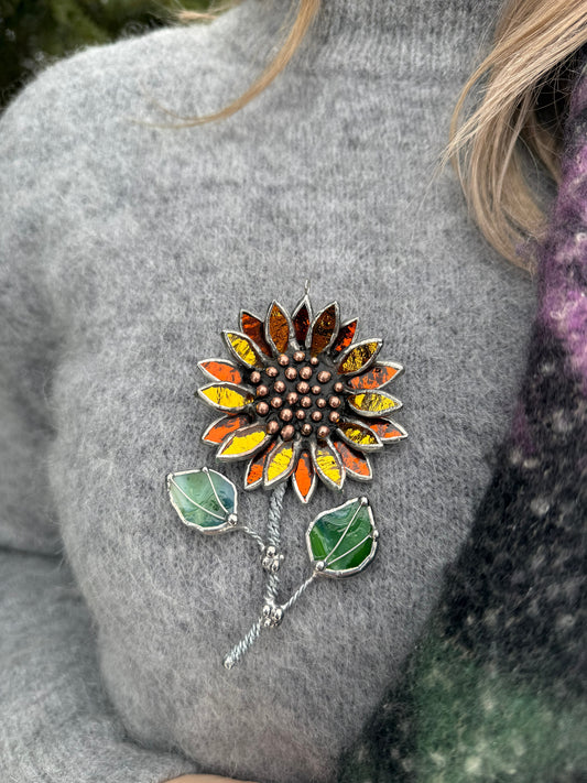 " . Sunflower Brooch Gold & Amber Silwercoat” Stained glass tropical flower 3D