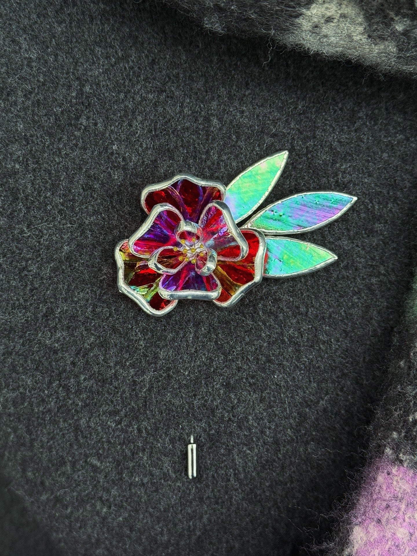 Red Rose Brooch Statement Stained Glass Floral Pin, Modern Art Jewelry