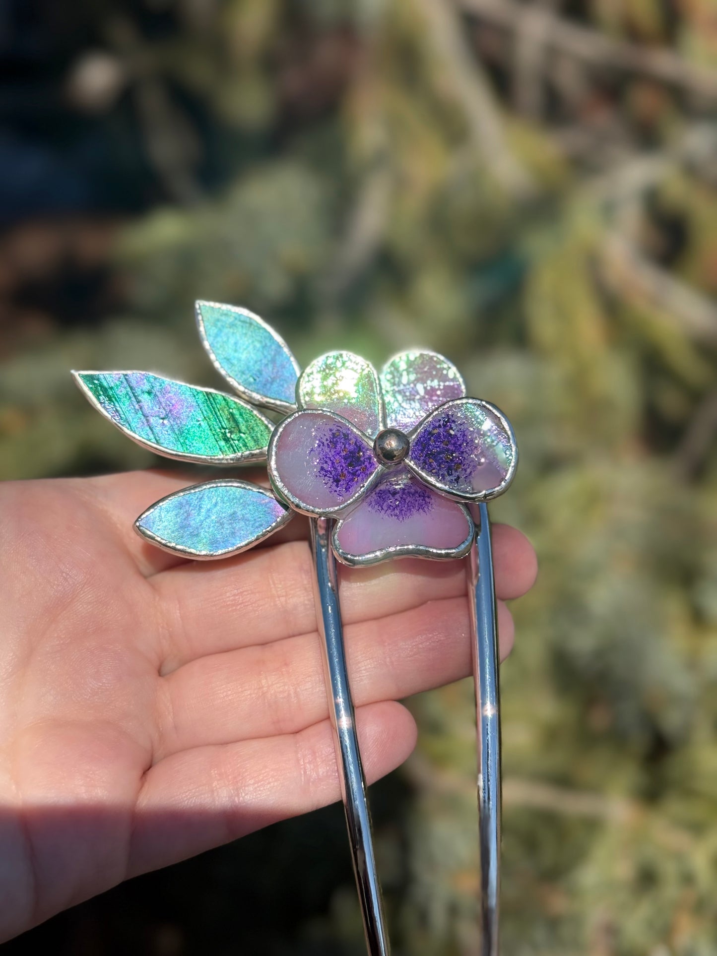 .Hair Pin Stained Glass Pansy Flower CHOOSE COLOR Handmade Floral Accessories