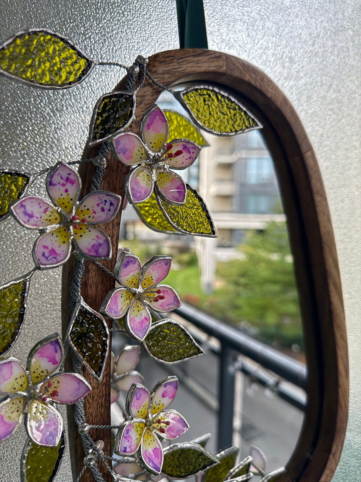 .Tropical Flower Hand Painted Stained glass Flower Mirror, 3D Botanical Floral Wall Art ready new