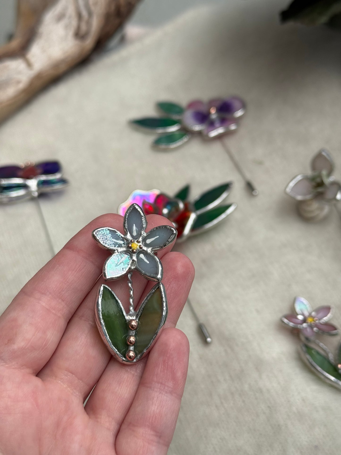 Forget me not Blue Brooch Stained Glass Flower Pin, Modern Art Jewelry statement ready