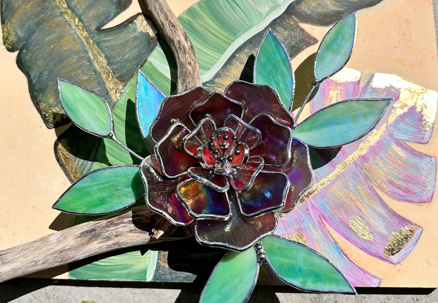 " .Acrylic painting ‘Wild Tropics’ with stained glass 3D flowers, Wall decor, Wedding, Christmas gift, available