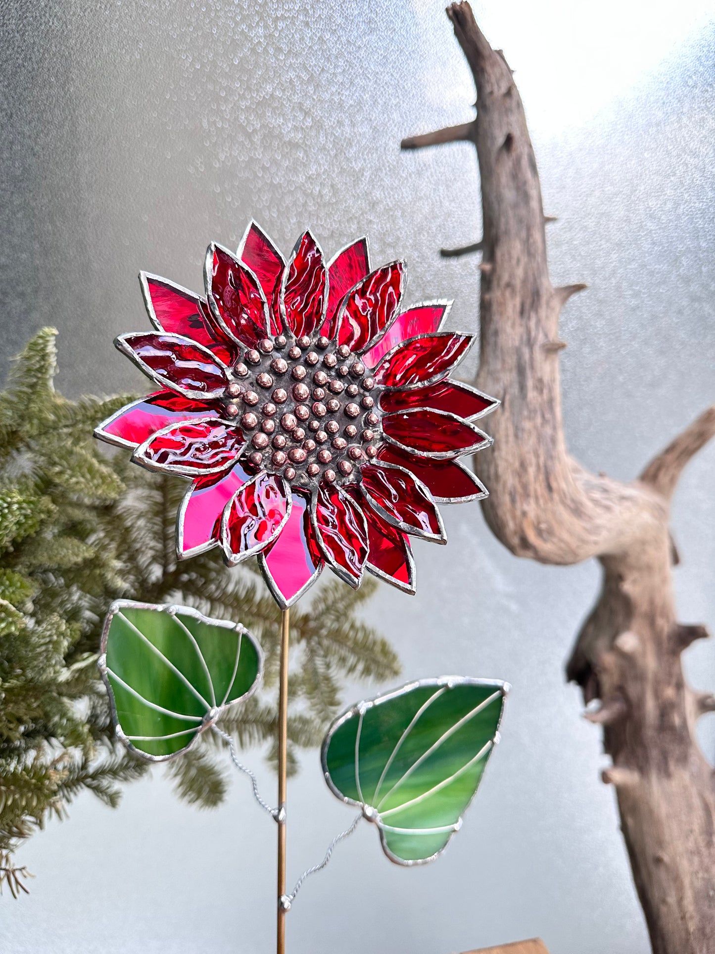 Ruby Suncatcher Sunflower Ruby Red, 3D Stained Glass Suncatcher, Botanical Modern Art ...