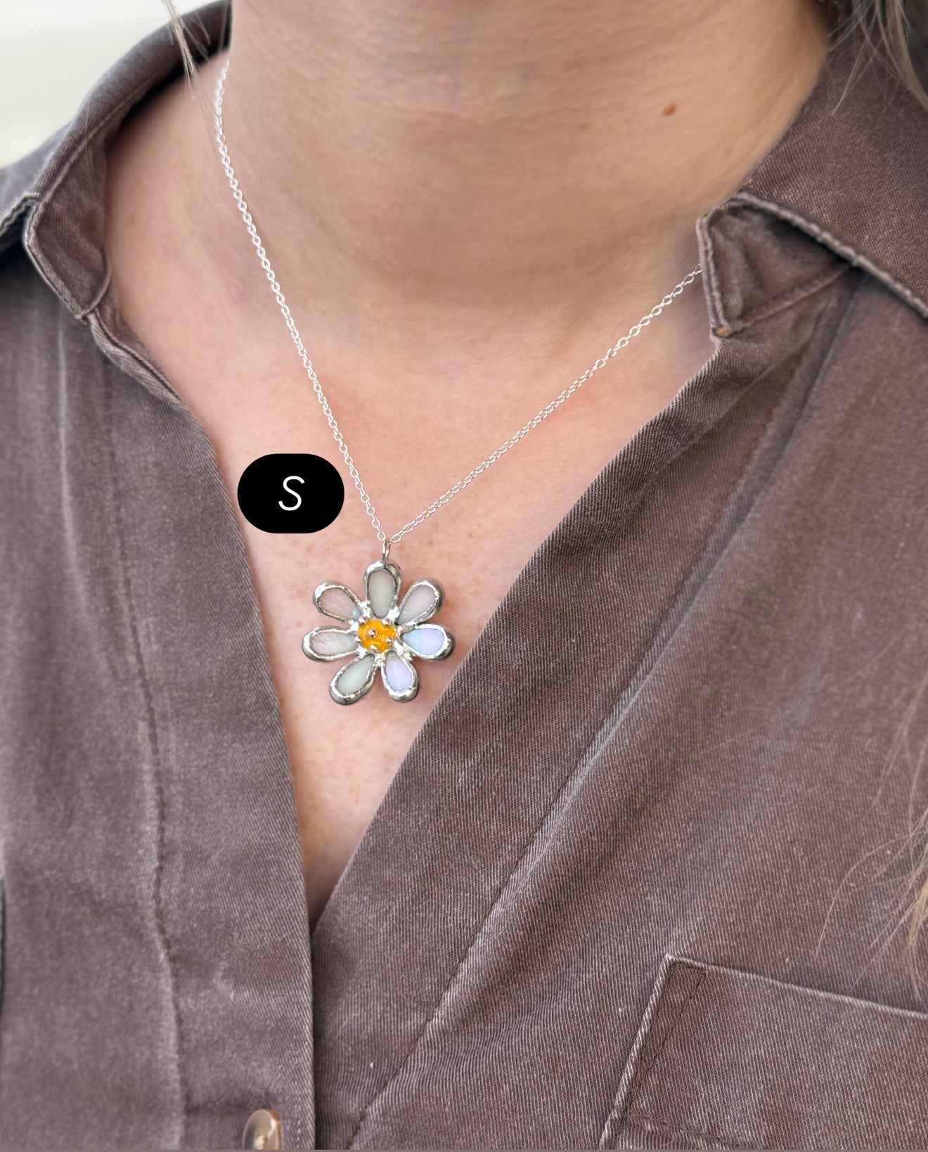 Daisy White Pearl Iridescent L S sizes, Stained Glass Necklace or Brooch, Handmade Botanical Jewelry