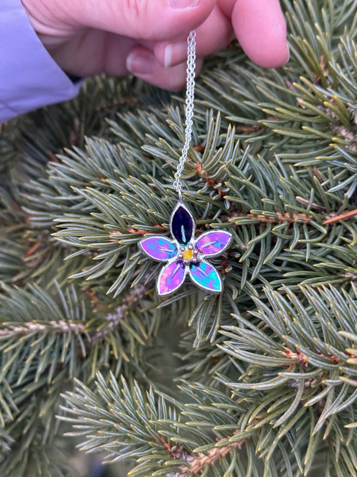 Forget Me Not Necklace Stained Glass Necklace Indigo, Botanical Jewelry