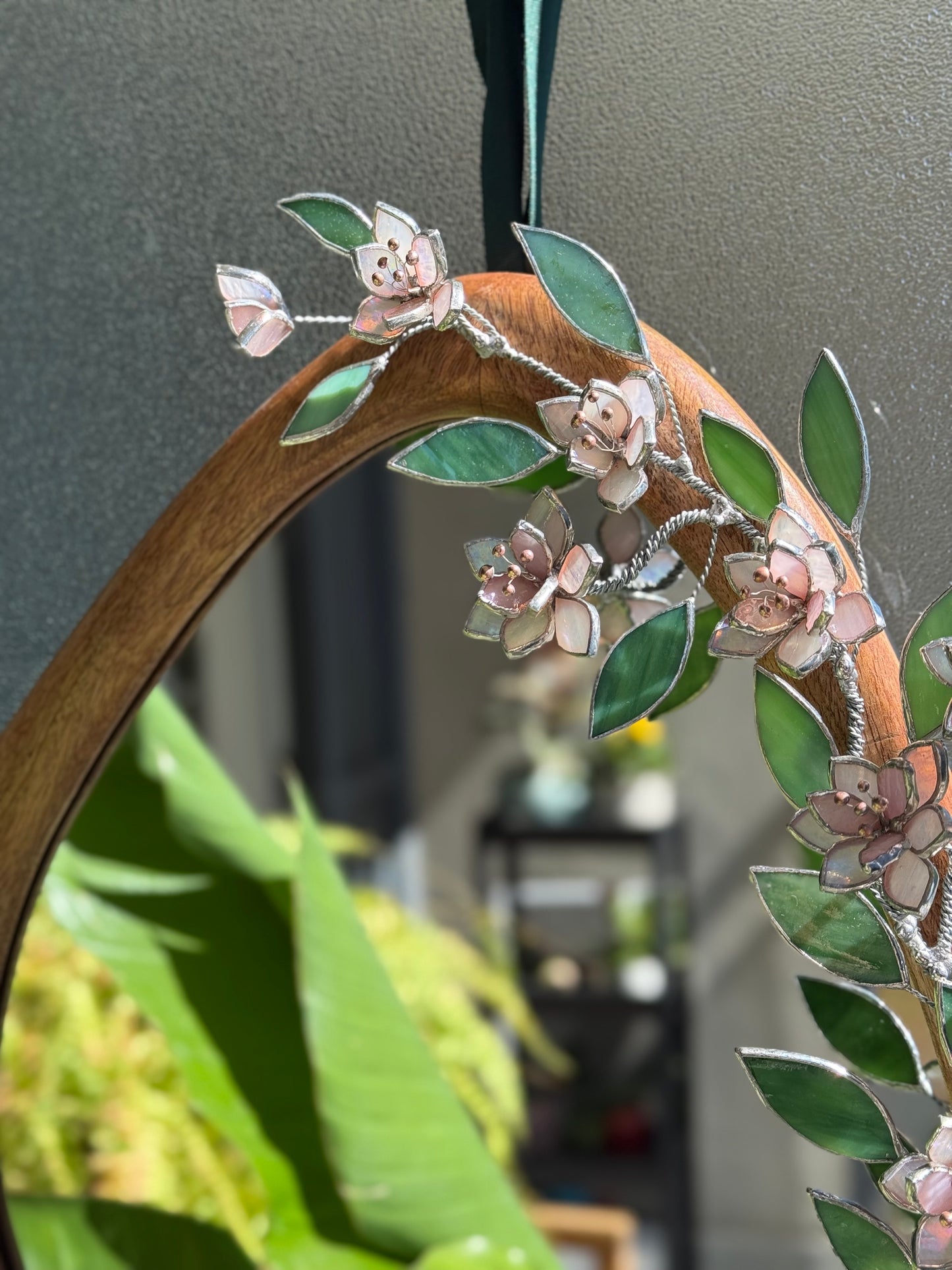 .Pink Sakura Stained glass Wall Mirror, 3D Botanical Floral Art ready new