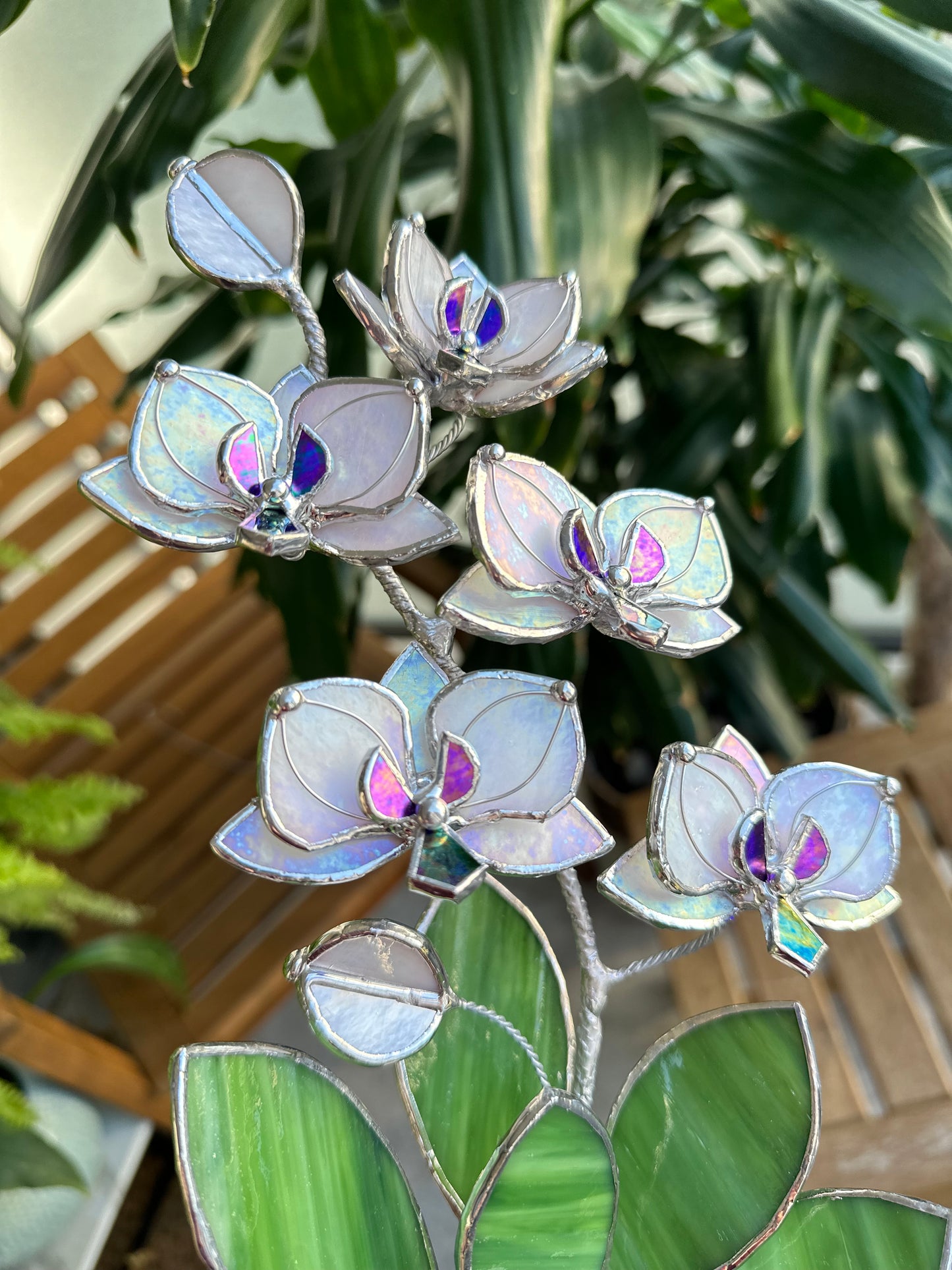 " . Orchid М Pearl White, 5 flowers with pot”, Stained glass tropical flower 3D, Sun catcher, Table plant, Garden stick, Outdoor and gardening decor