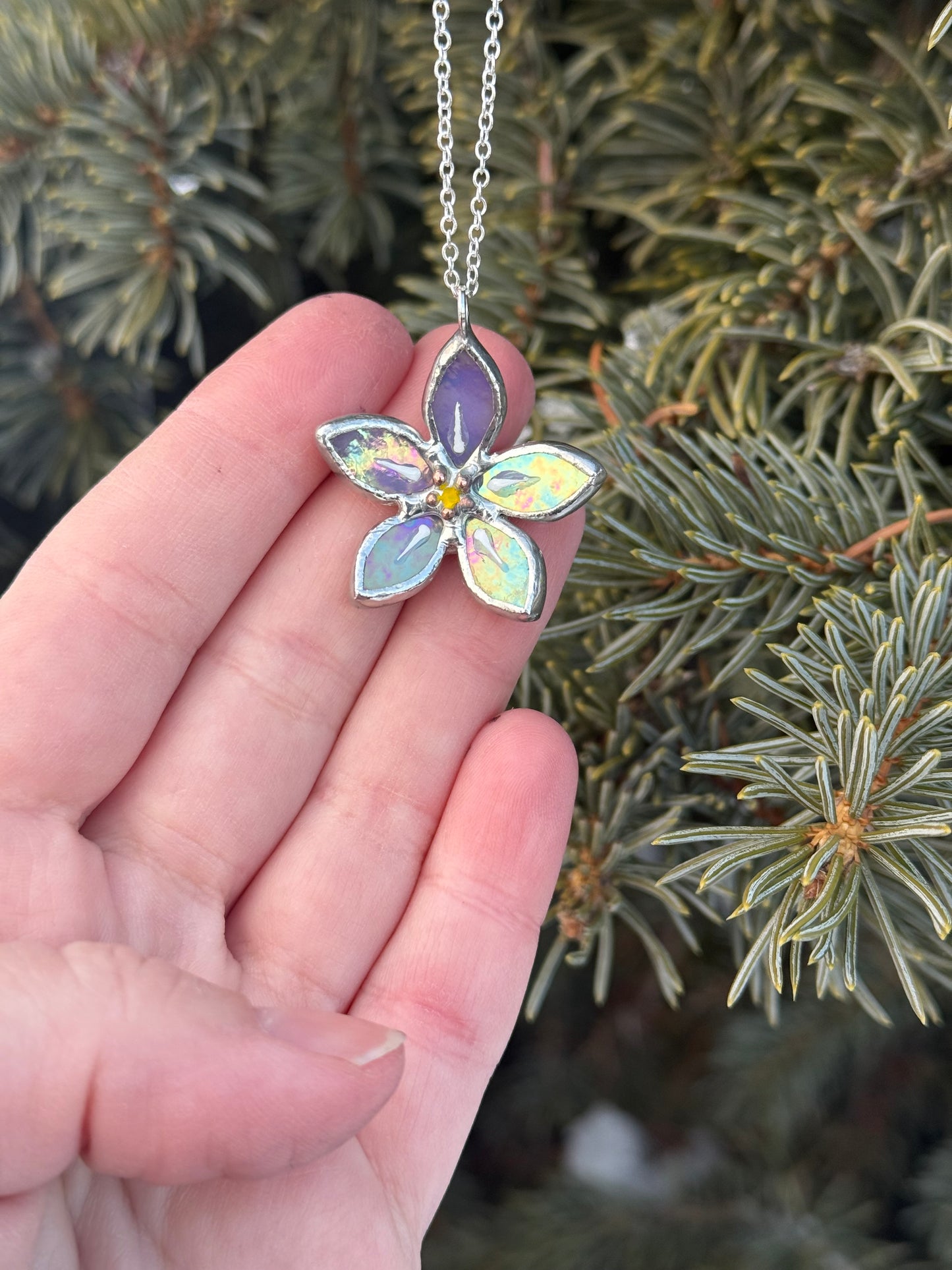 " . Necklace Forget Me Not flower Lavender iridescent Stained glass , Modern art, jewelry