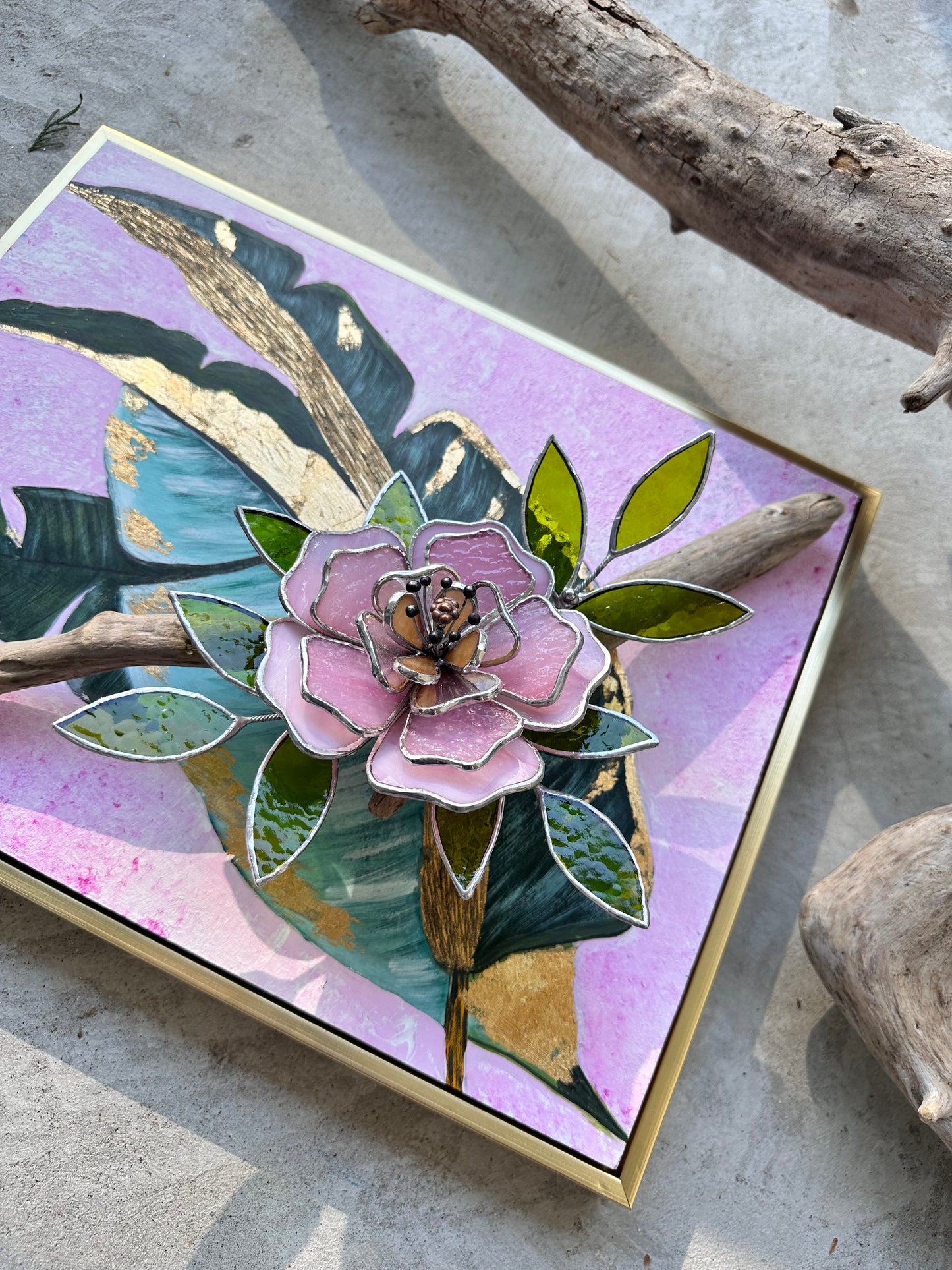 " .Acrylic painting ‘Tropical Flower’ with stained glass 3D flowers, Wall decor, Wedding, Christmas gift, available