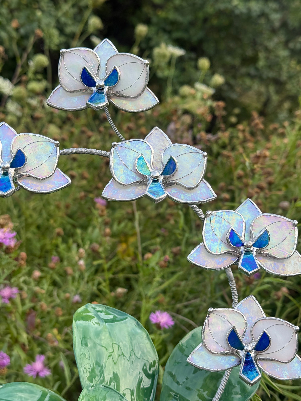 Pearl White iridescent Artificial Orchid, WITH RESIN LEAVES, 5 Flowers, Handmade Botanical Art Decor