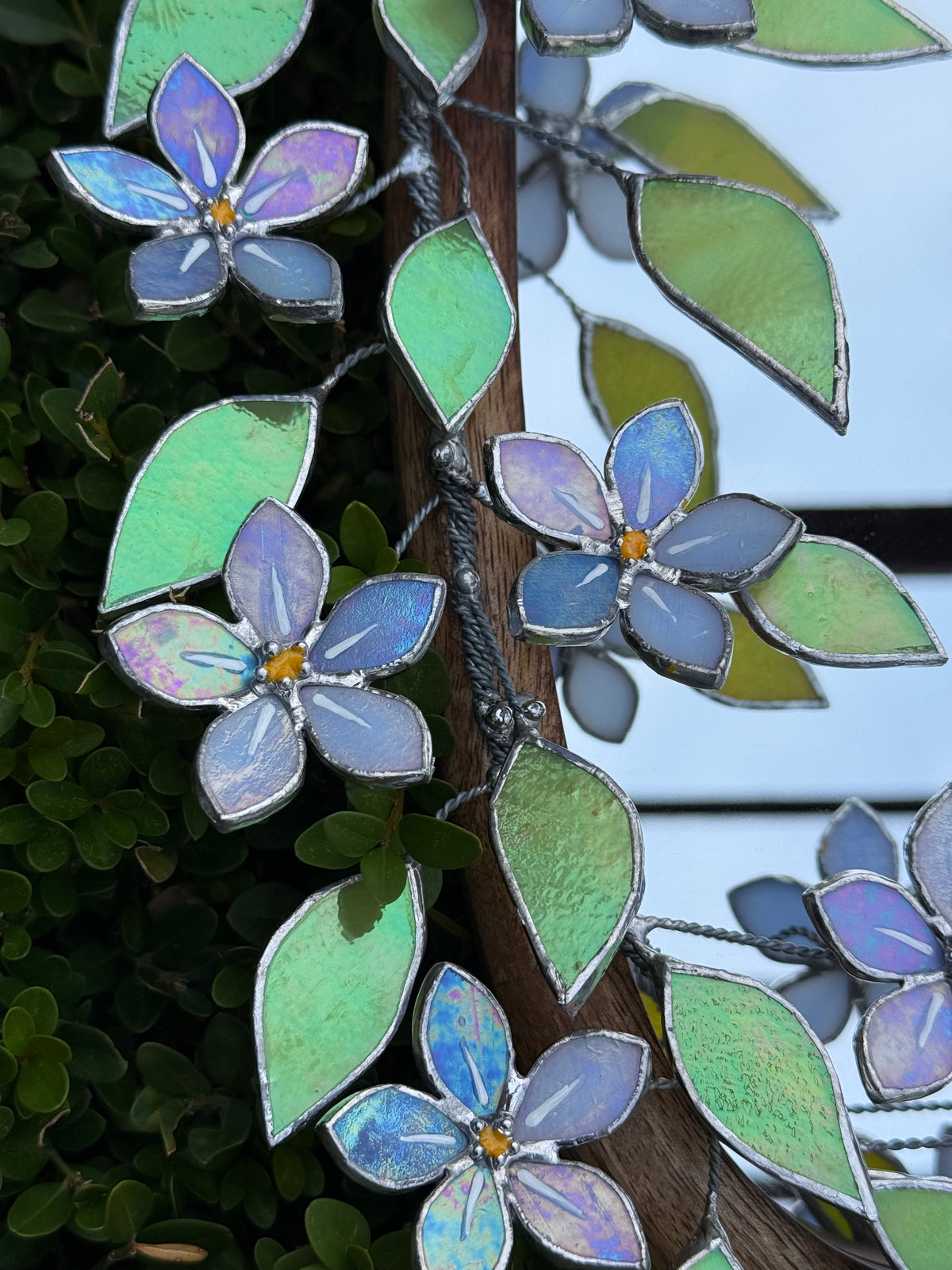 Forget Me Not iridescent Stained glass Flower Mirror, 3D Botanical Floral Wall Art ready new