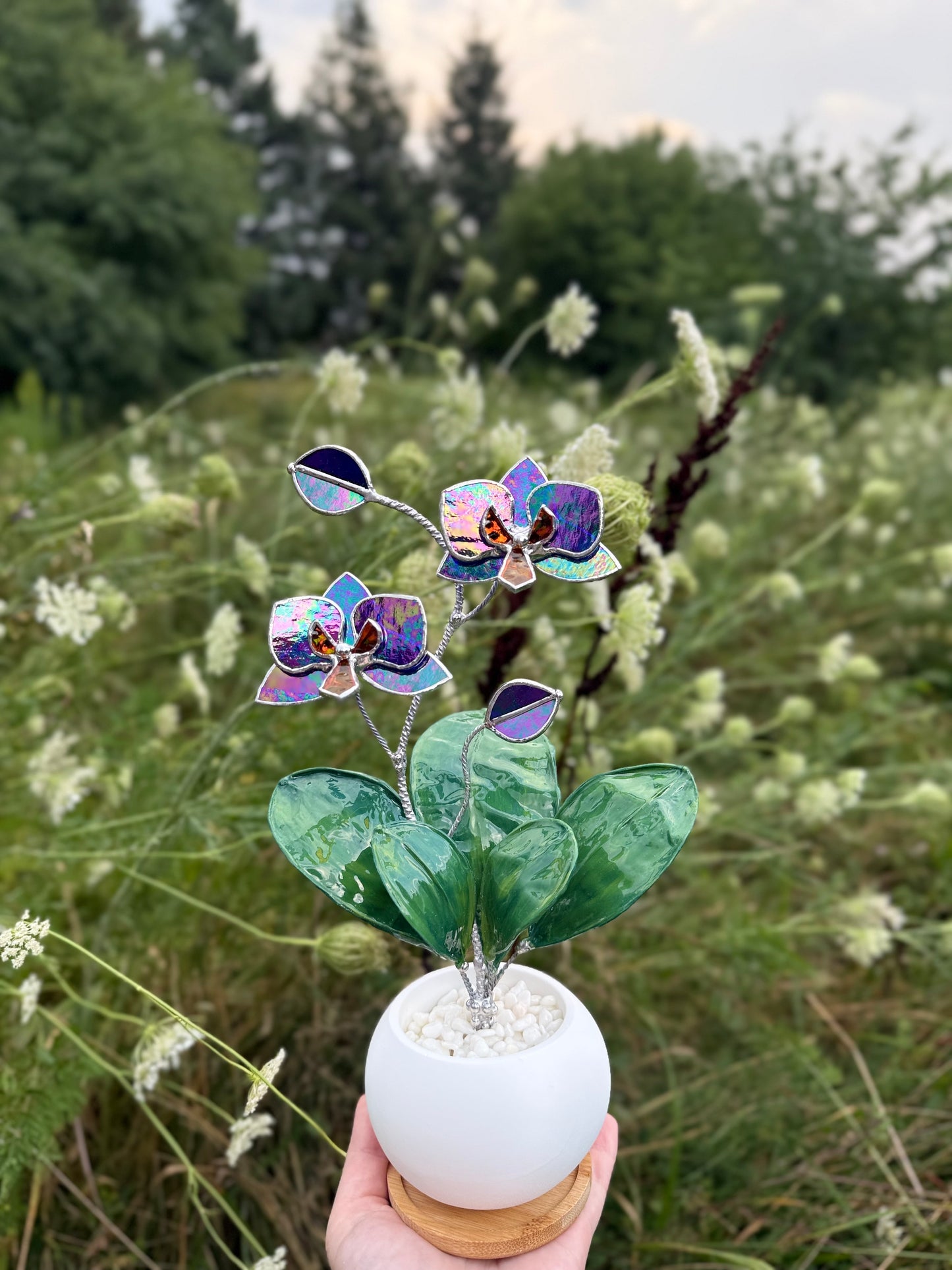 Orchid Indigo iridescent WITH RESIN Hand painted LEAVES Stained Glass 2 flowers in a Pot, Botanical Art Sculpture