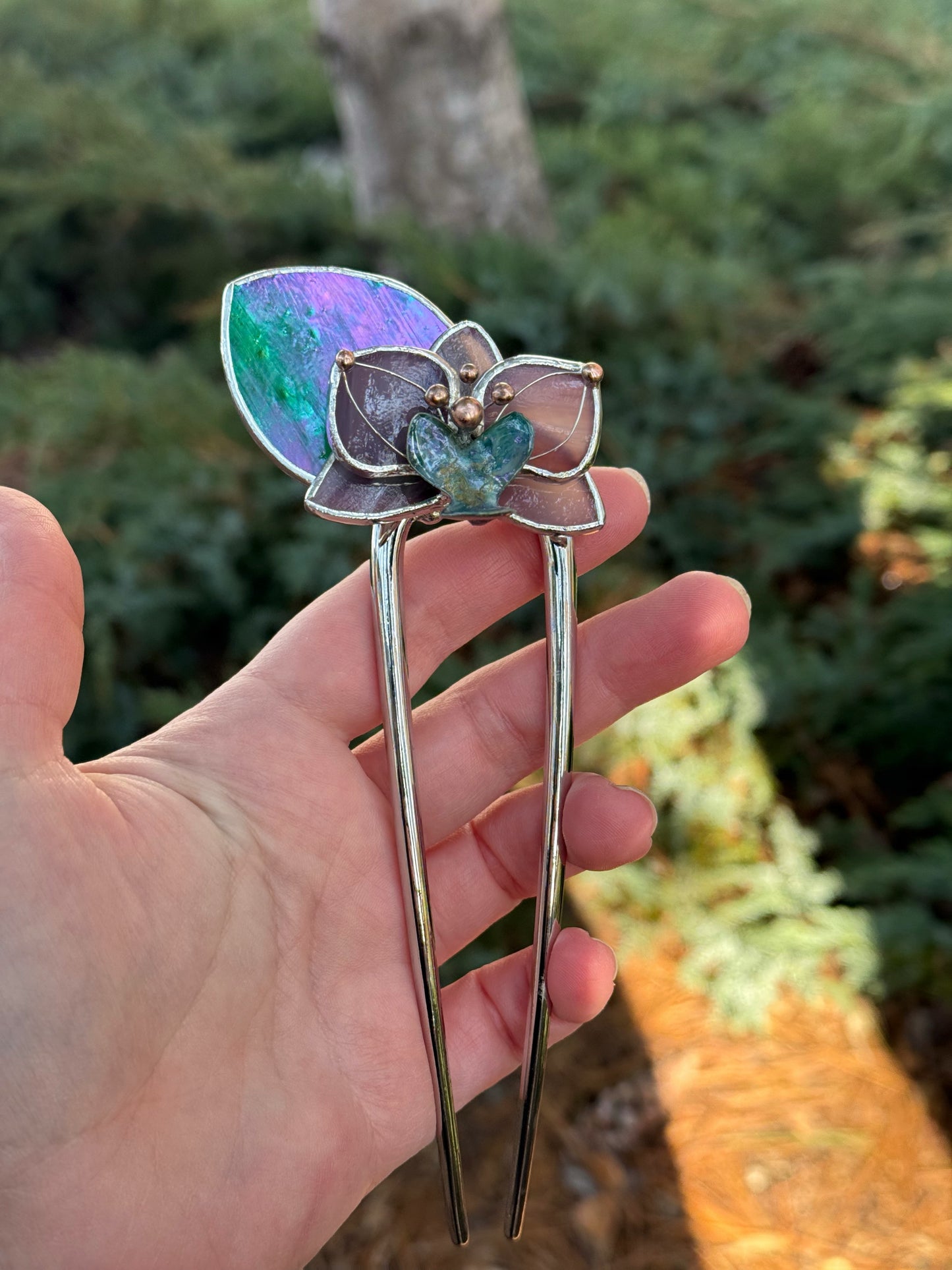 Hair Pin Stained Glass Orchid Flower CHOOSE COLOR Handmade Floral Accessories