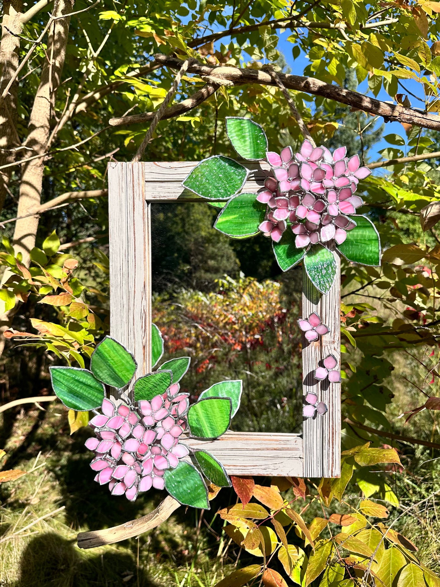 " . Baby Pink Hydrangea Flower Mirror , Stained glass Wedding Wall Decor, Christmas gift, Suncatcher