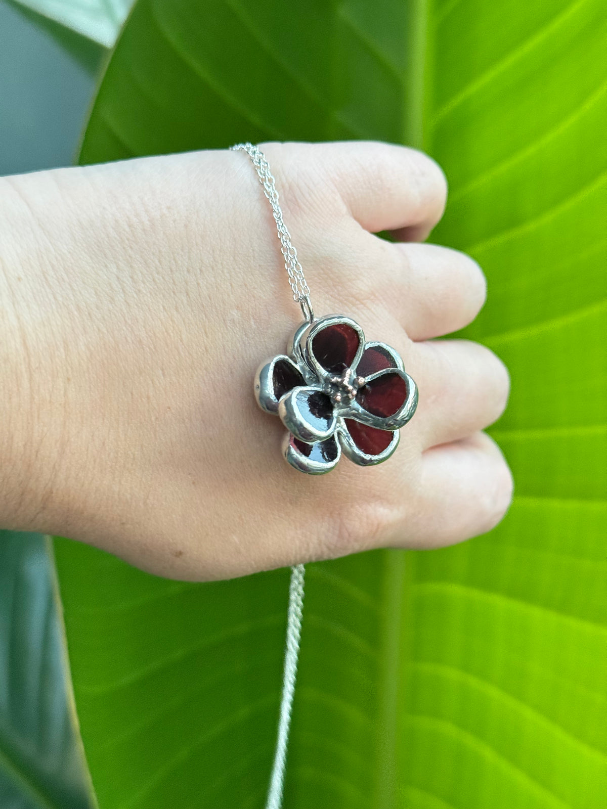Chocolate Cosmos Flower Stained Glass Necklace, Handmade Botanical Jewelry