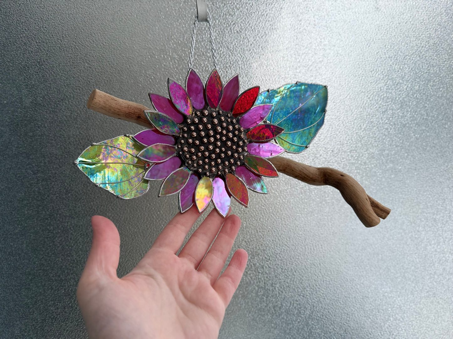 "  . Sunflower Red iridescent", stained glass wall decor, tropical flower 3D, Sun catcher, Plant decor