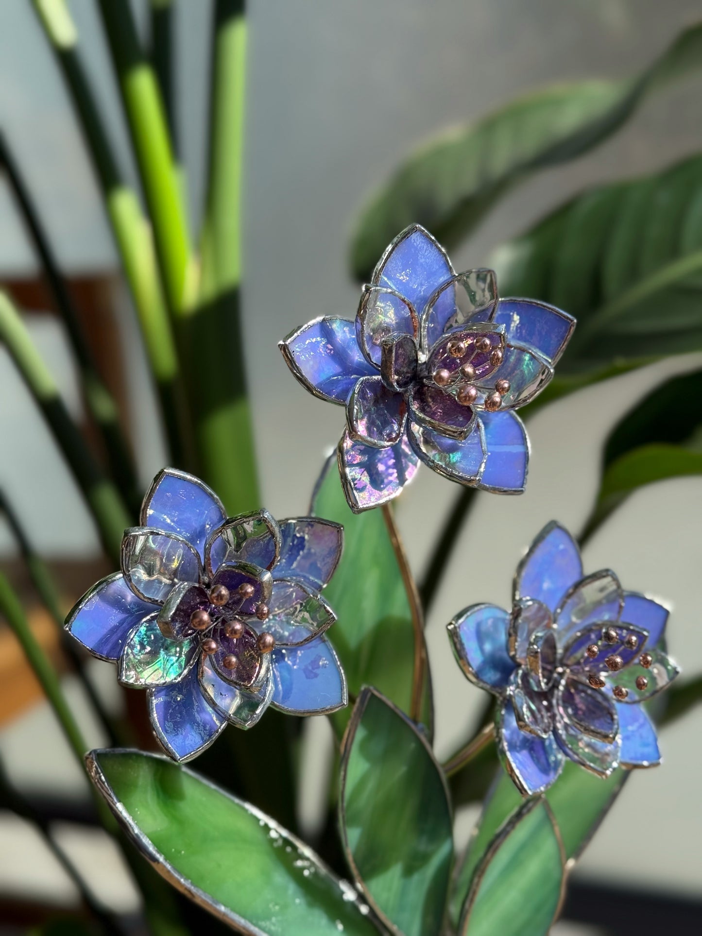 .Blue Iridescent Wildflower Stained glass Handcrafted Floral Home Decor new