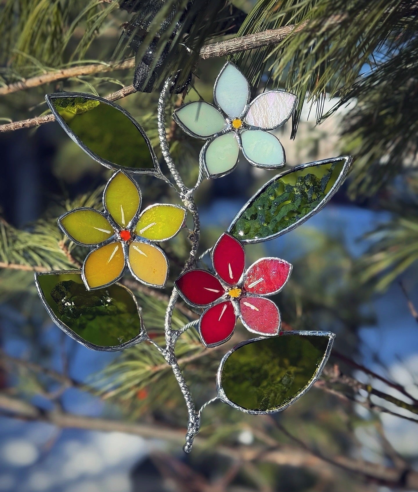 Forget Me Not Artisan Warm Gradient Stained Glass Suncatcher Wall Decor ready