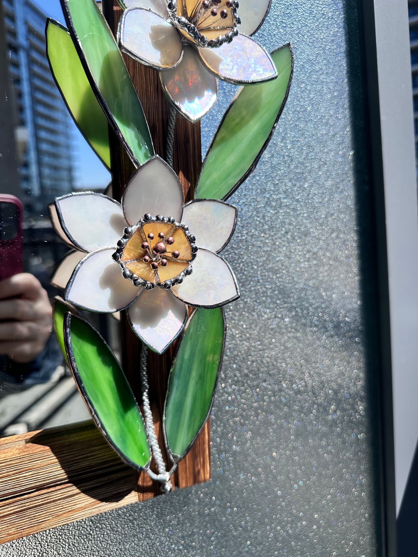 " . Flower Mirror Daffodil Pearl White”, Stained glass Wedding Wall Decor, Christmas gift Everlasting plant, Suncatcher, available