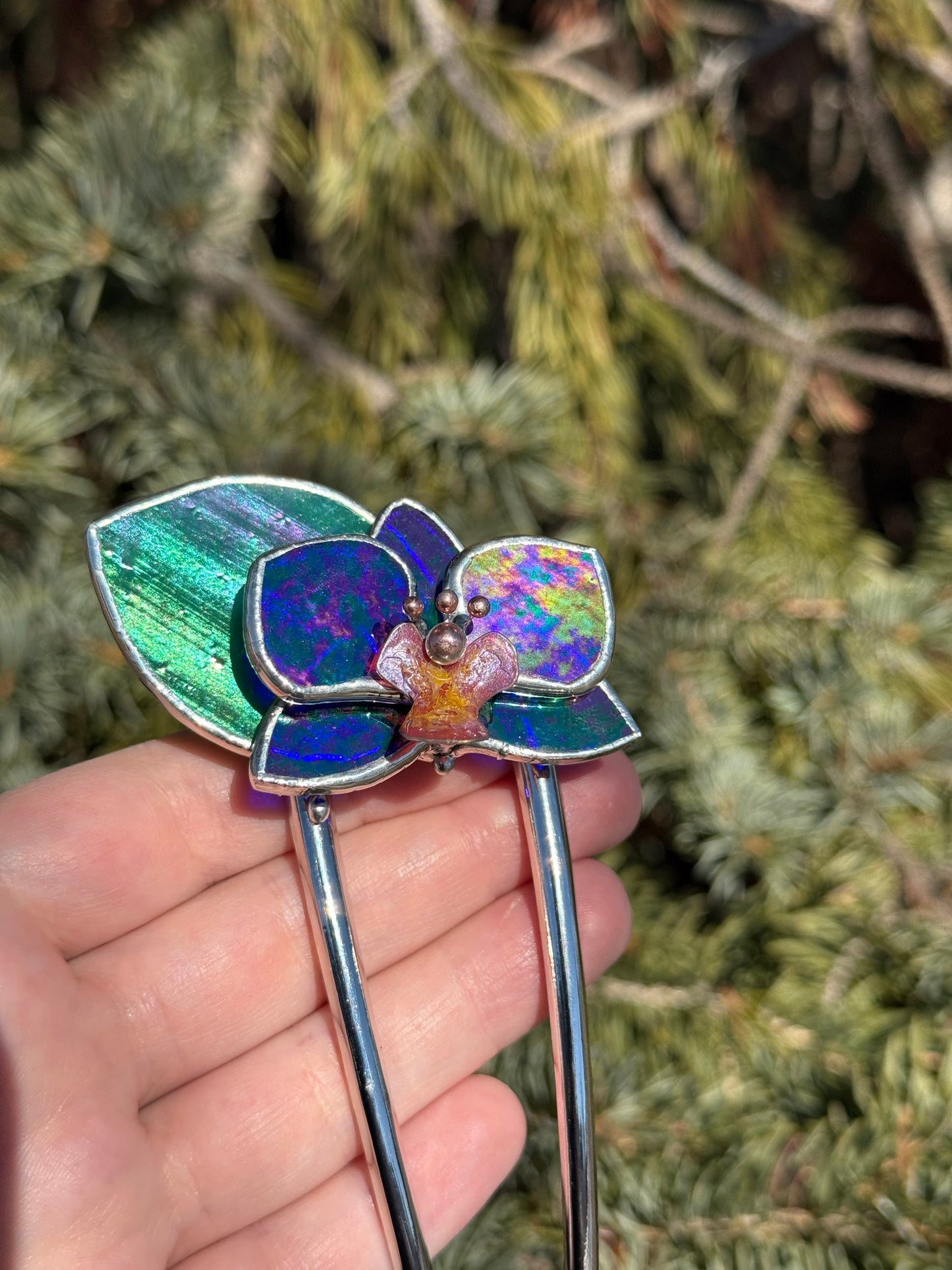Hair Pin Stained Glass Orchid Flower CHOOSE COLOR Handmade Floral Accessories