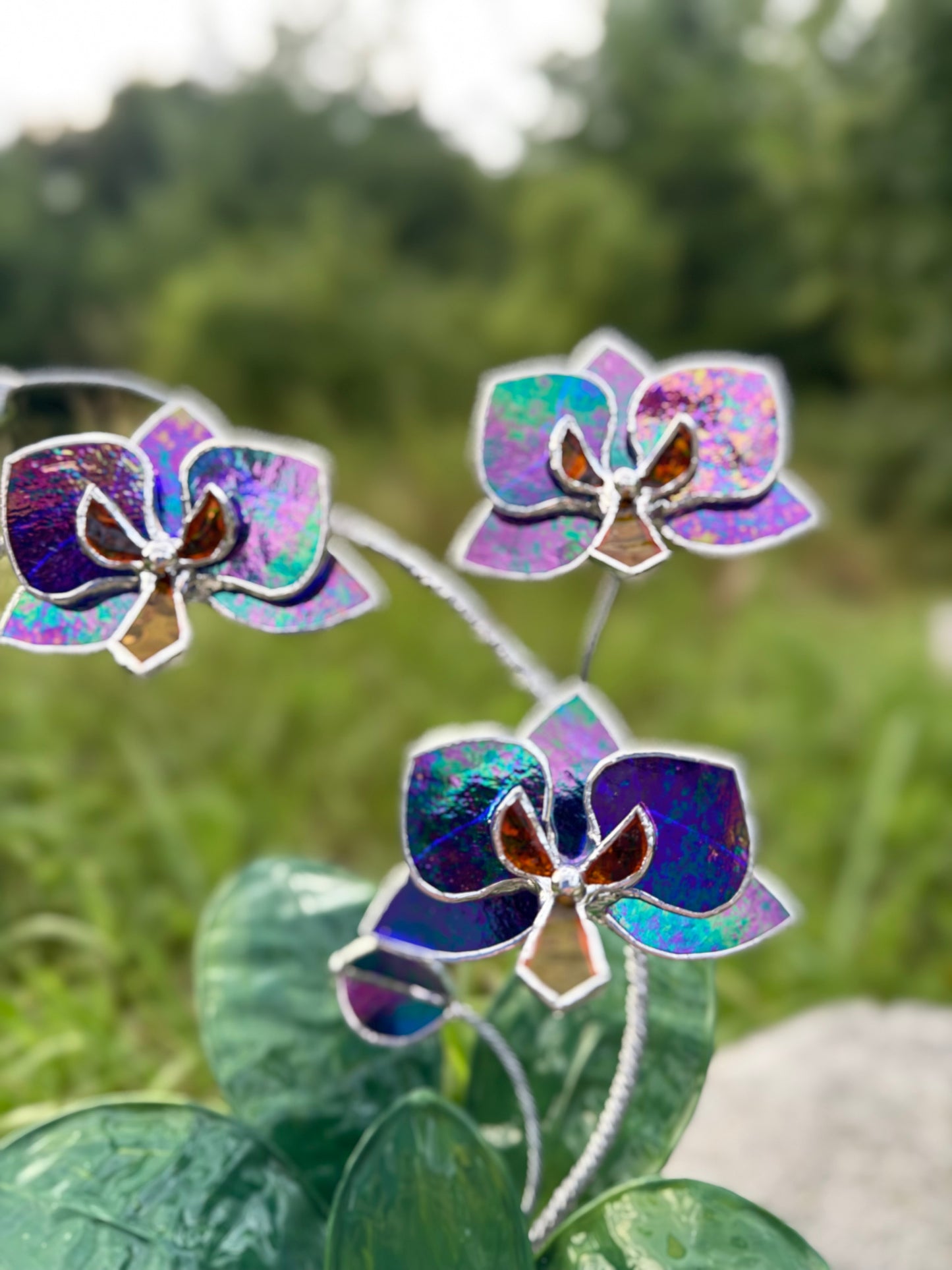 Orchid Indigo Iridescent Stained Glass WITH Hand Painted RESIN LEAVES, 3 Flowers, Botanical Table Decor