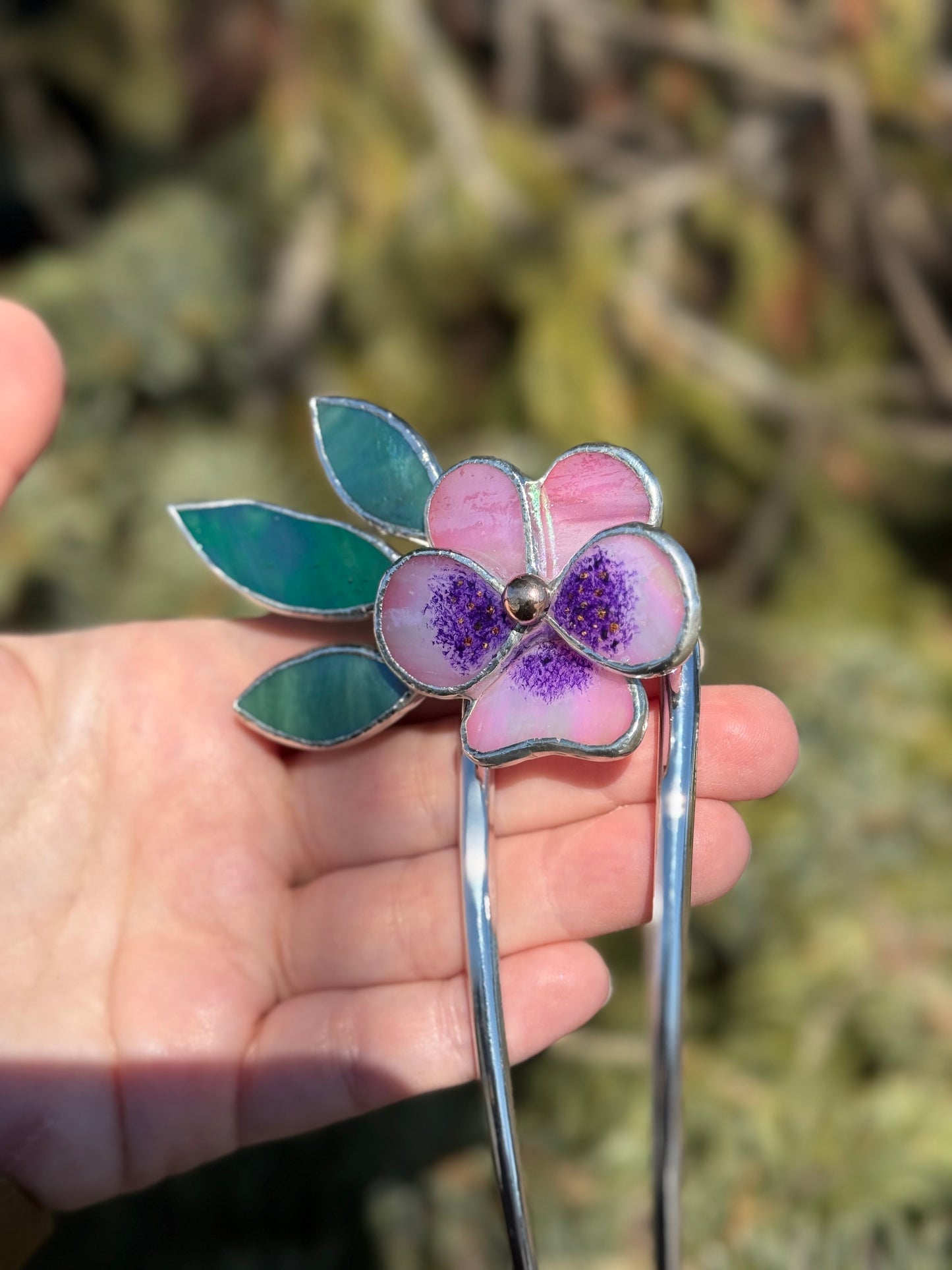 .Hair Pin Stained Glass Pansy Flower CHOOSE COLOR Handmade Floral Accessories