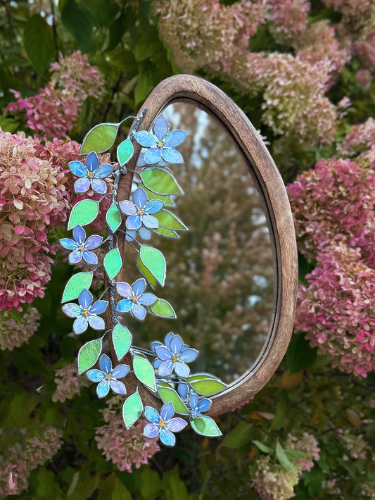 .Forget Me Not iridescent Stained glass Flower Mirror, 3D Botanical Floral Wall Art ready new