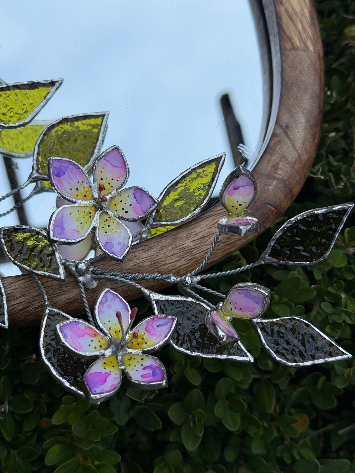 Hand Painted Tropical Flower Stained glass Flower Mirror, 3D Botanical Floral Wall Art ready new
