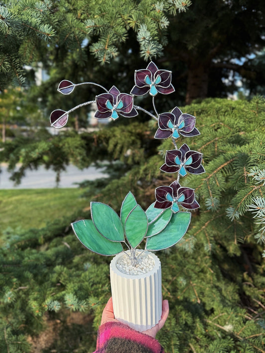 Orchid Elderberry, 5 Flowers, Handmade Stained Glass Botanical Art Decor