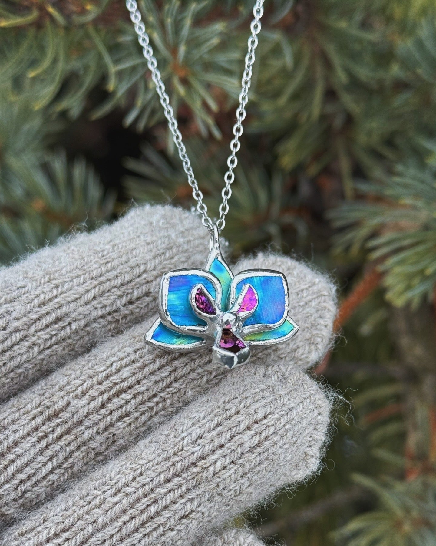 " . Necklace Orchid Sky Blue iridescent Necklace” Stained glass tropical flower 3D, art jewelry