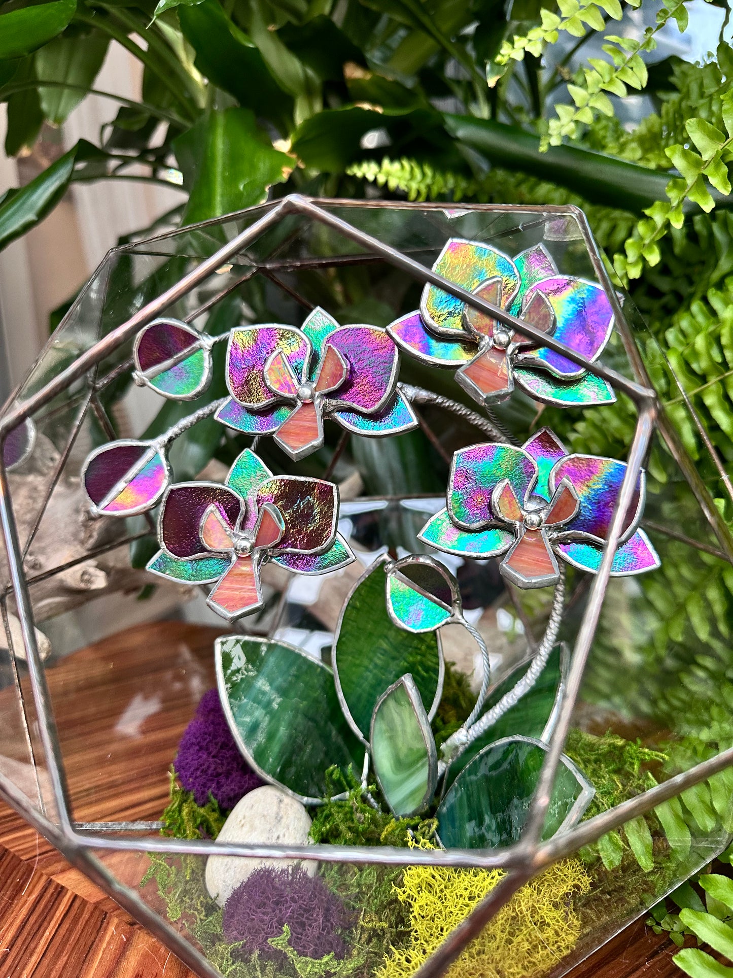 " . Geometric glass 3D terrarium Sphere with stained glass iridescent orchid. Wedding glass decor, Mother’s Day  gift, glass art, suncatcher, succulents, cacti