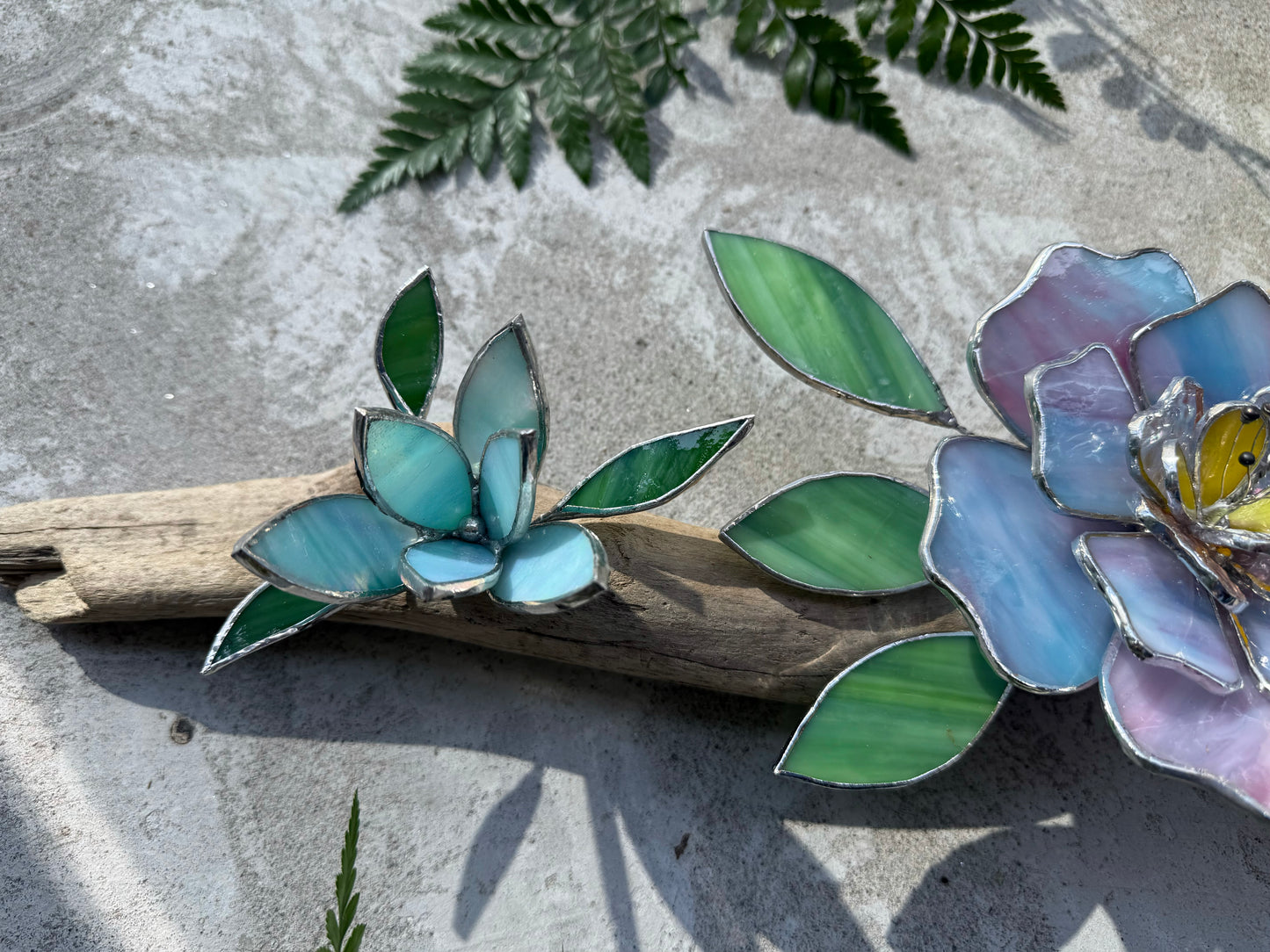 .Peonies Stained Glass Driftwood Wall Decor Suncatcher