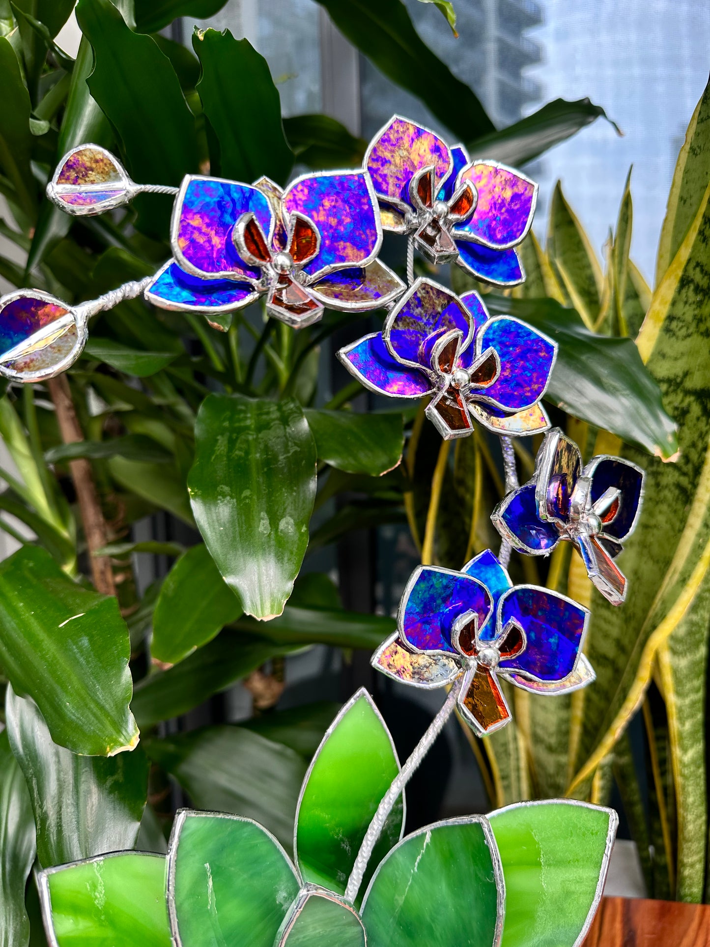 ". Amethyst luminescent Orchid 5 flowers with pot" Stained glass tropical flower 3D, Sun catcher, Table plant, Garden stick, wedding decor, Christmas gift