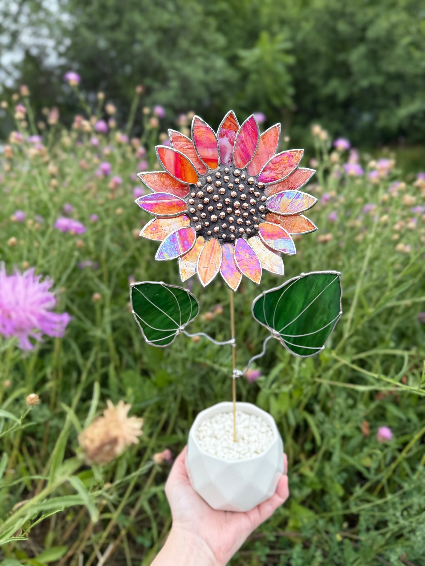 " .  Sunflower Red Amber iridescent", stained glass tropical flower 3D, Sun catcher, Table plant decor, Garden stake, Outdoor and gardening, wedding Christmas gift