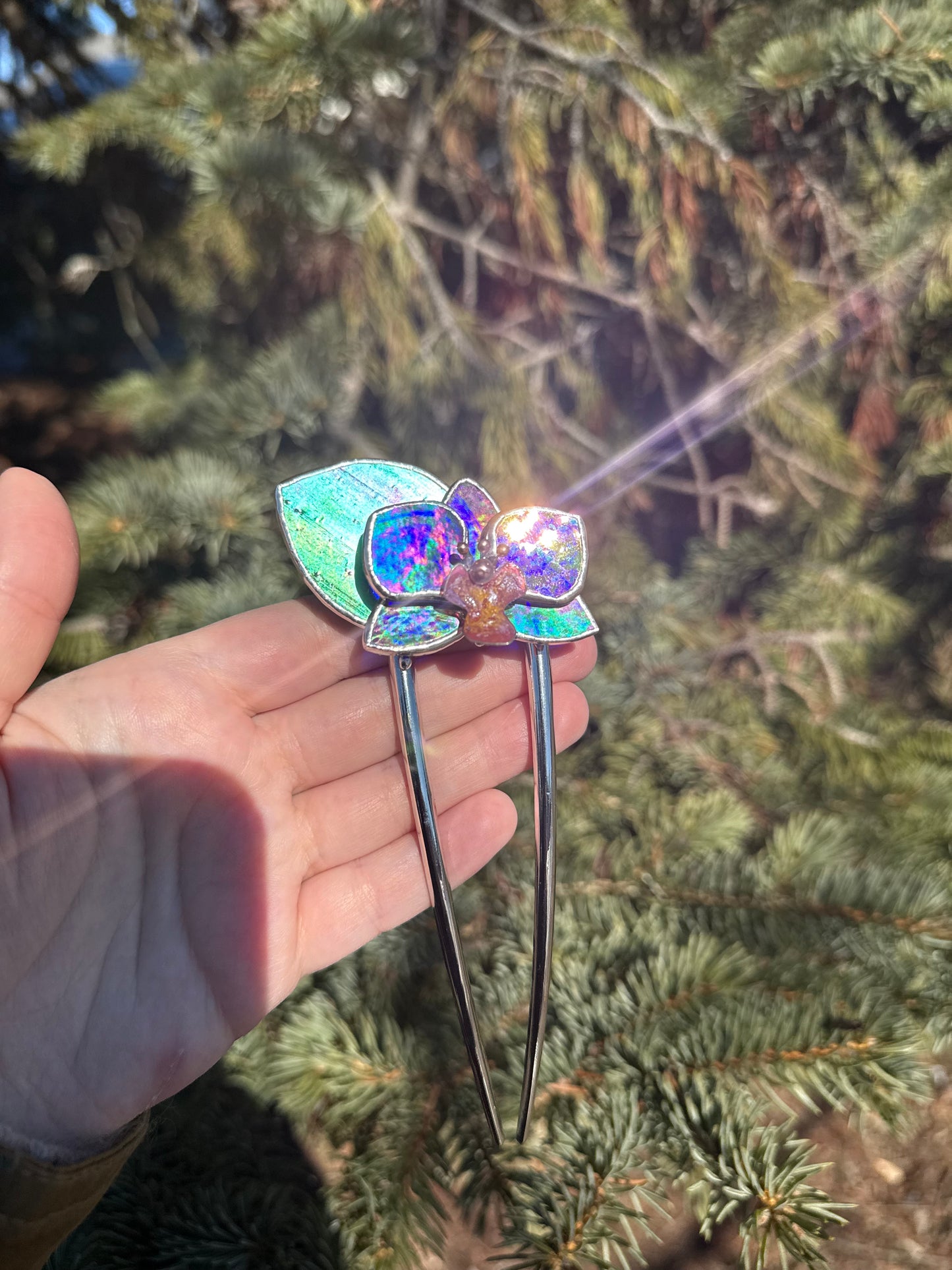 Hair Pin Stained Glass Orchid Flower CHOOSE COLOR Handmade Floral Accessories