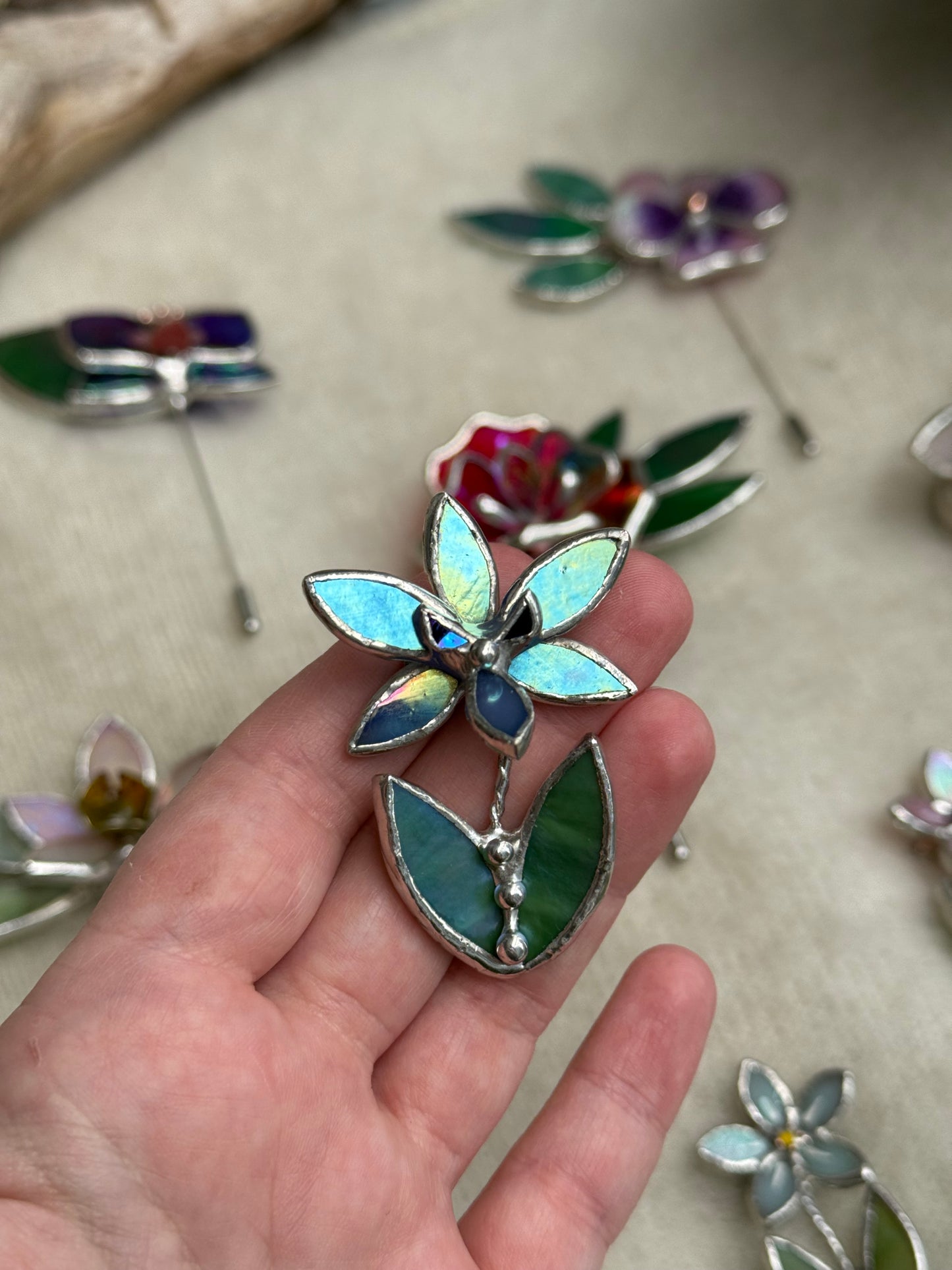 Orchid Blue lumi Brooch Stained Glass Floral Pin, Modern Art Jewelry statement ready new