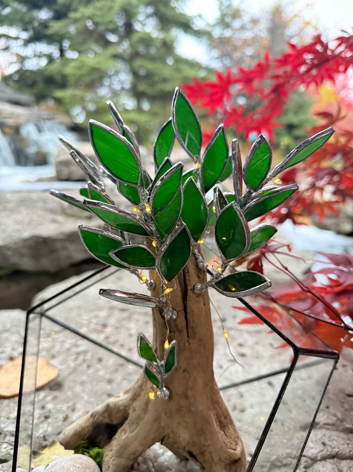 "  . Geometric glass terrarium with bonsai with glass leaves and lights”, Table decor, Christmas gift