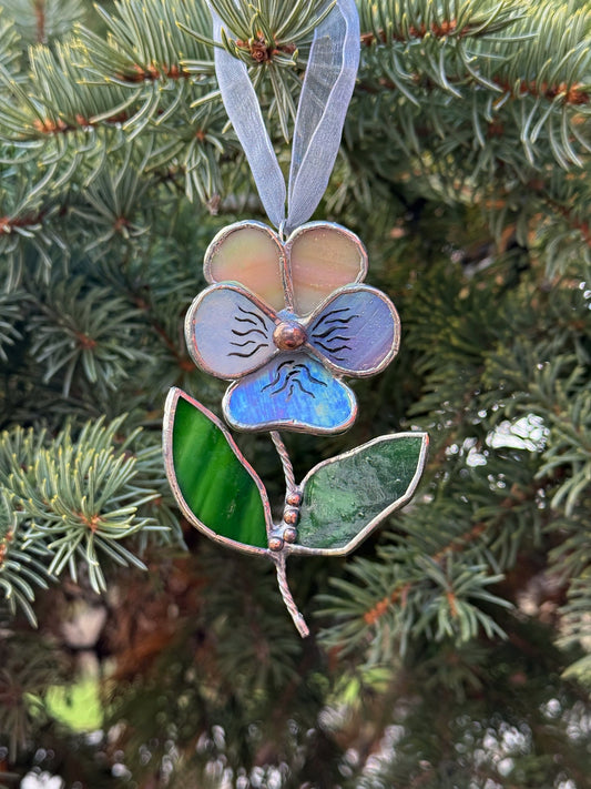 " . Pansy flower with leaves beige & lavender irid , Stained glass Decorative ORNAMENT, Christmas decoration, Suncatcher
