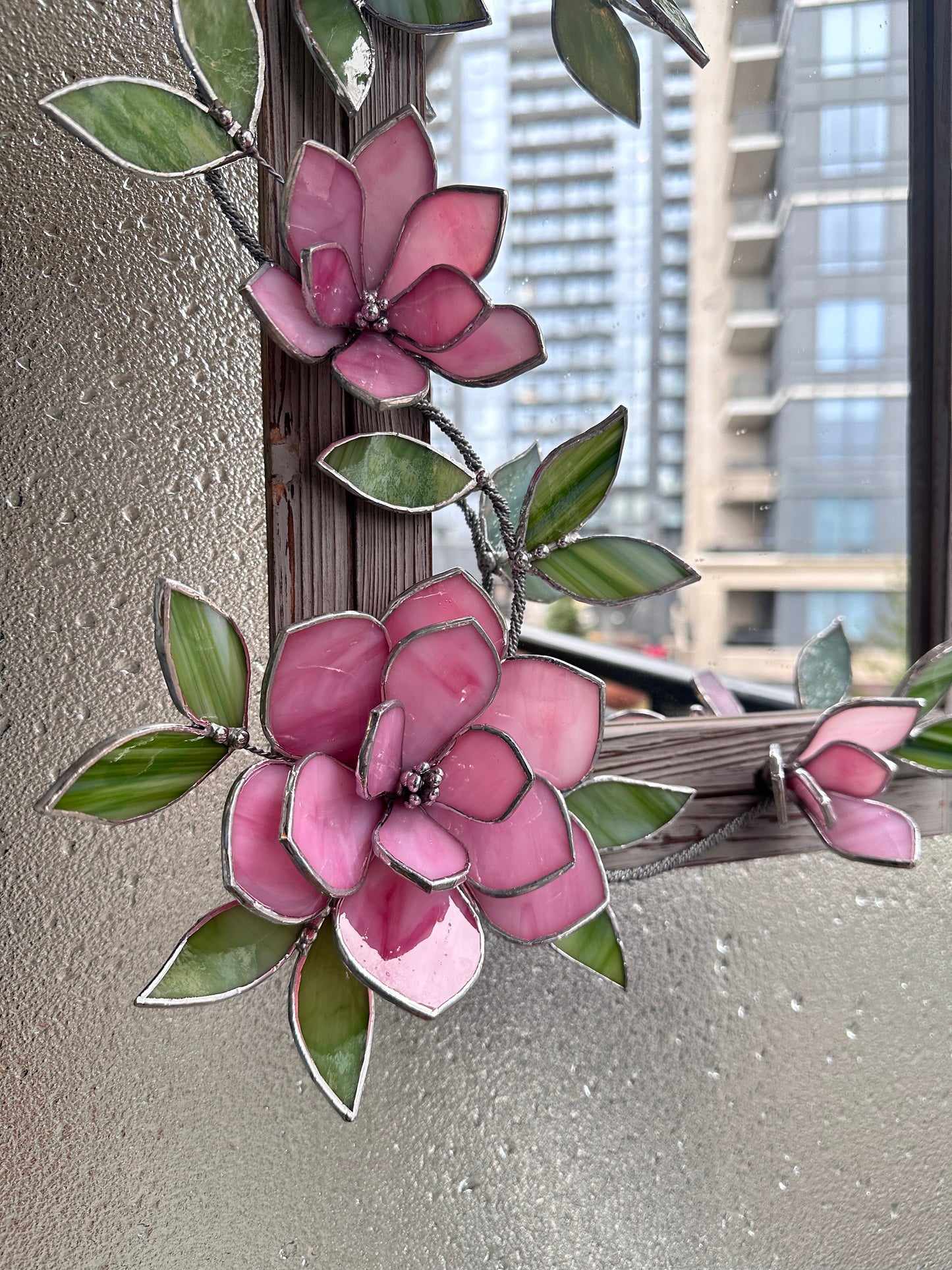 " . Flower Mirror Pink Magnolia, Stained glass Wedding Wall Decor Christmas gift, Suncatcher