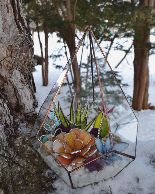 “ . Geometric glass terrarium with art glass 3D plants”