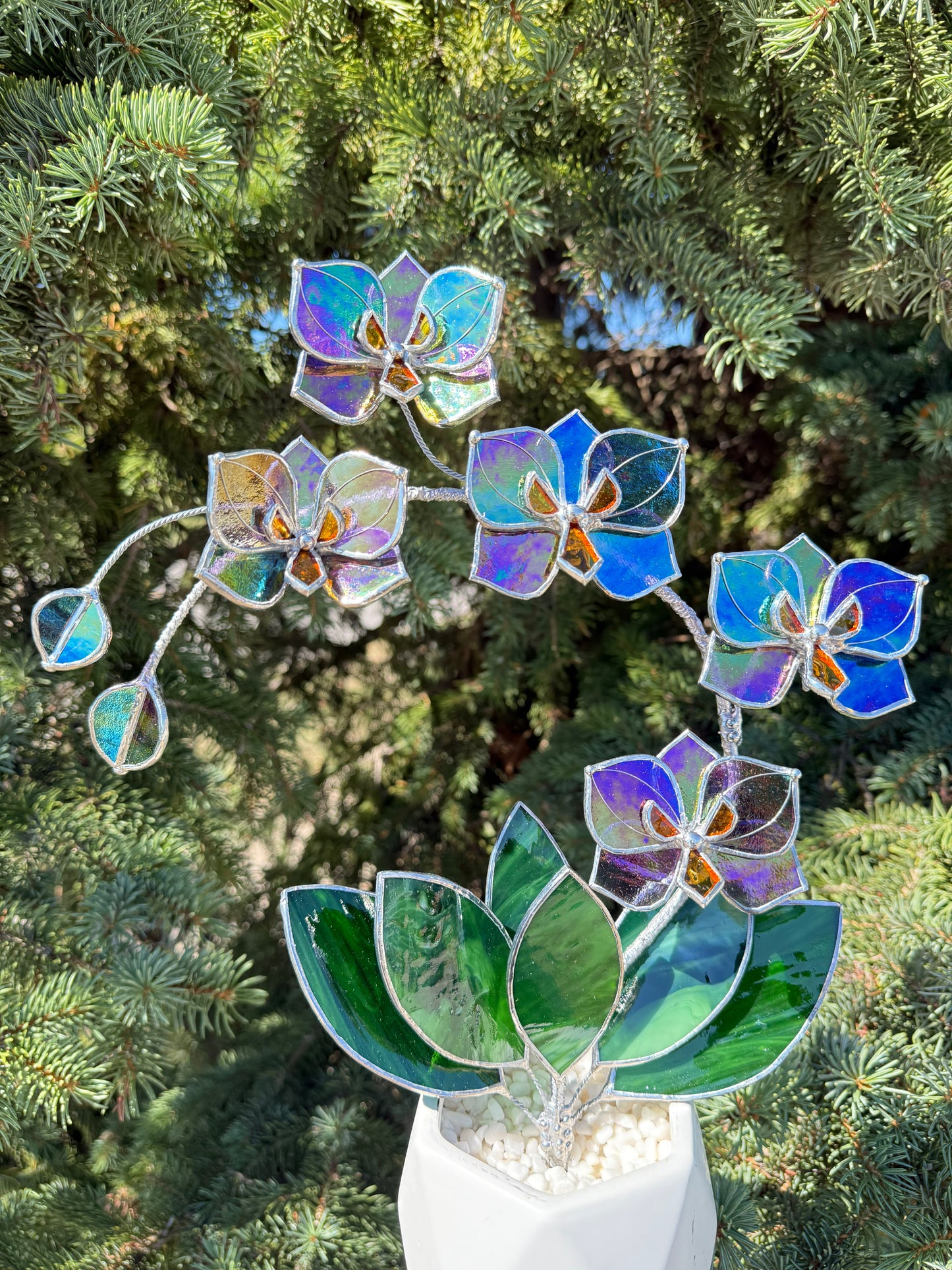 " .  Butterfly Orchid Purple transparent iridescent, 5 flowers with pot”, Stained glass tropical flower 3D, Suncatcher, Table plant
