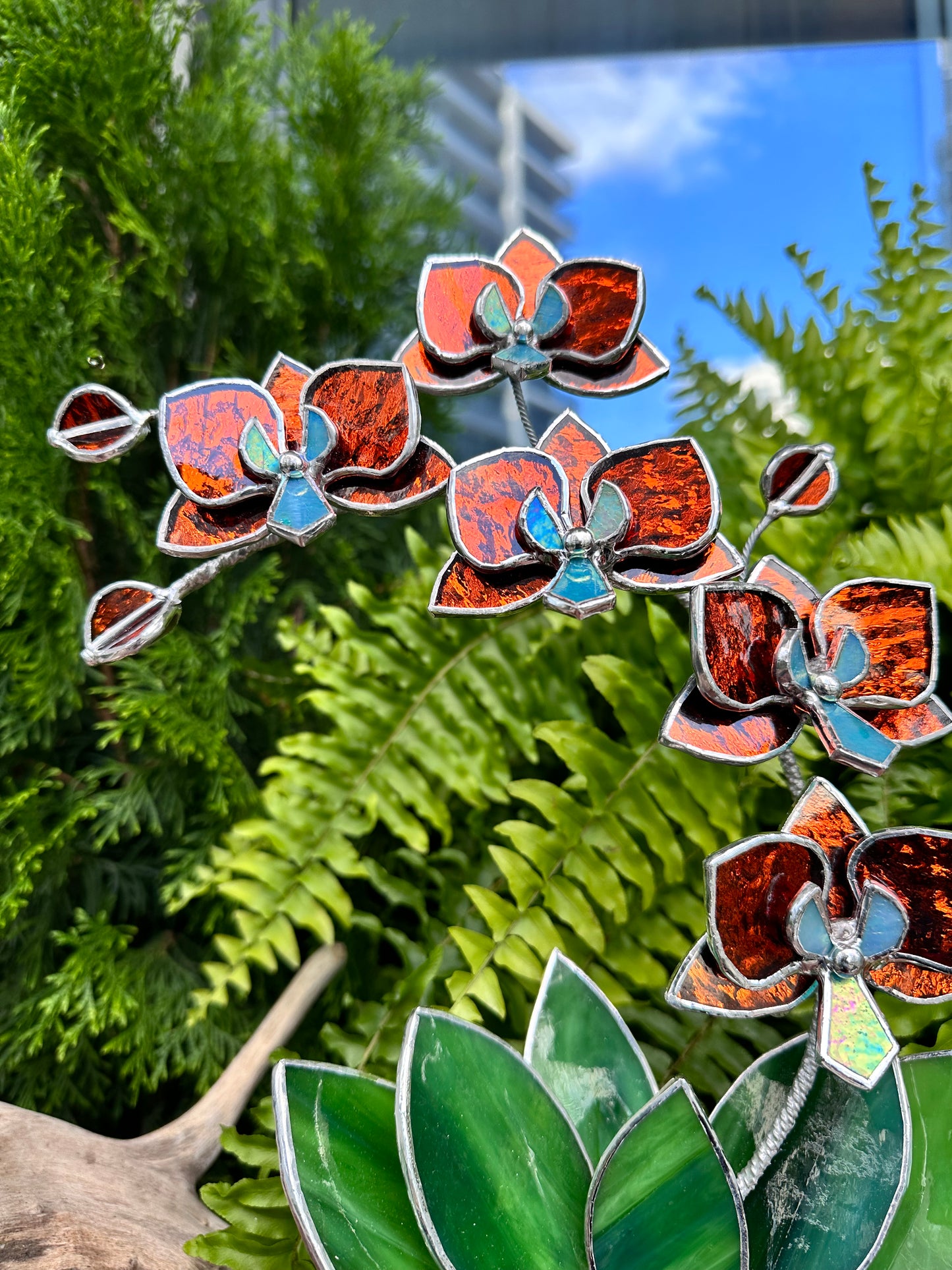 ". Amber silvercoat Orchid 5 flowers with pot" Stained glass tropical flower 3D, Sun catcher, Table plant, Garden stick, wedding decor, Christmas gift