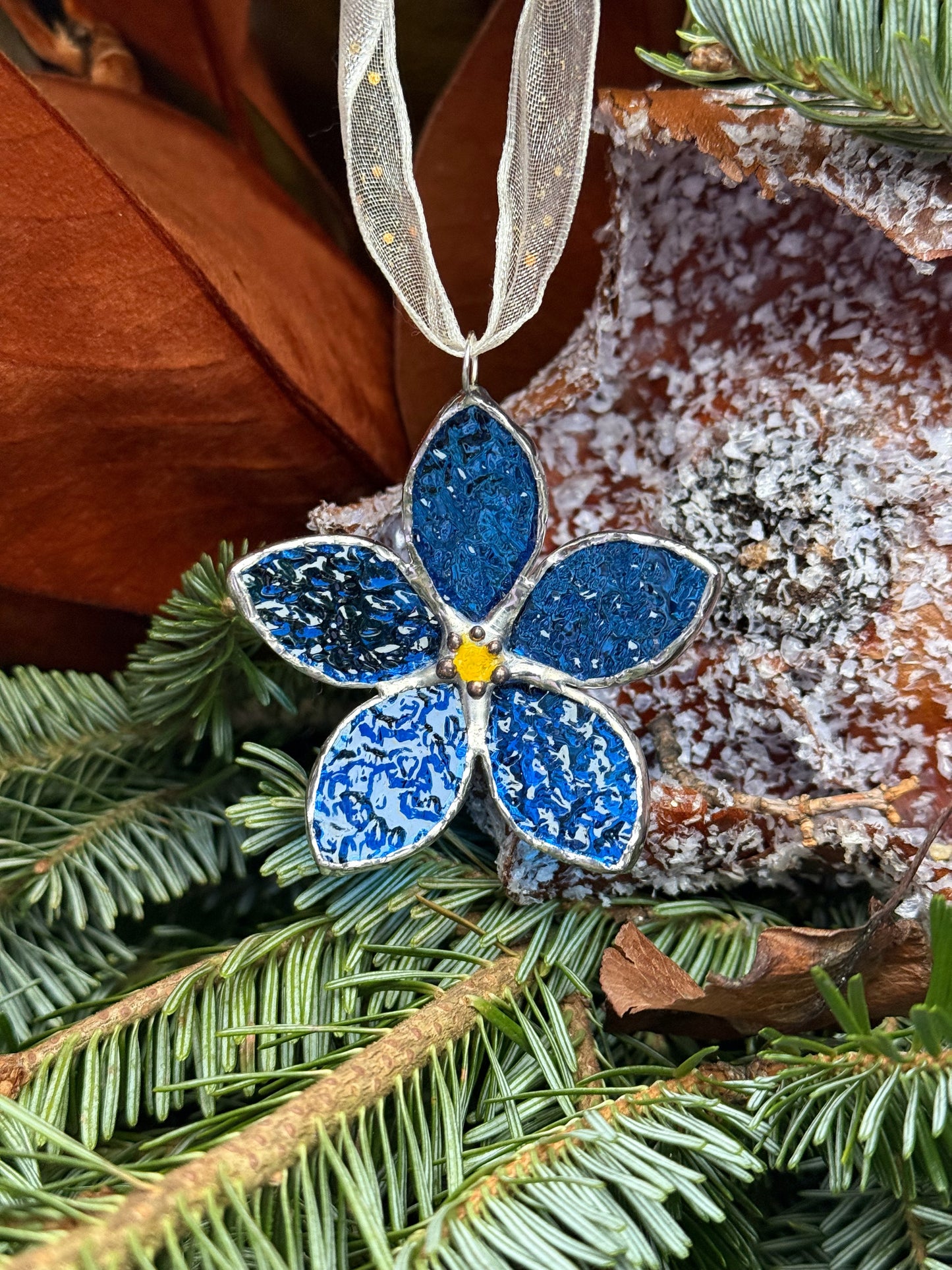 Forget Me Not Stained Glass Ornament Blue, Handmade Floral Suncatcher