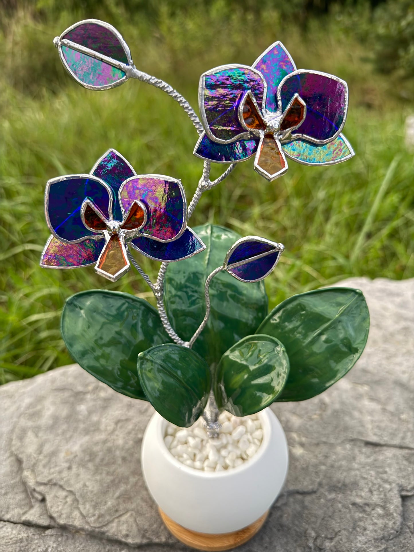 Orchid Indigo iridescent WITH RESIN Hand painted LEAVES Stained Glass 2 flowers in a Pot, Botanical Art Sculpture