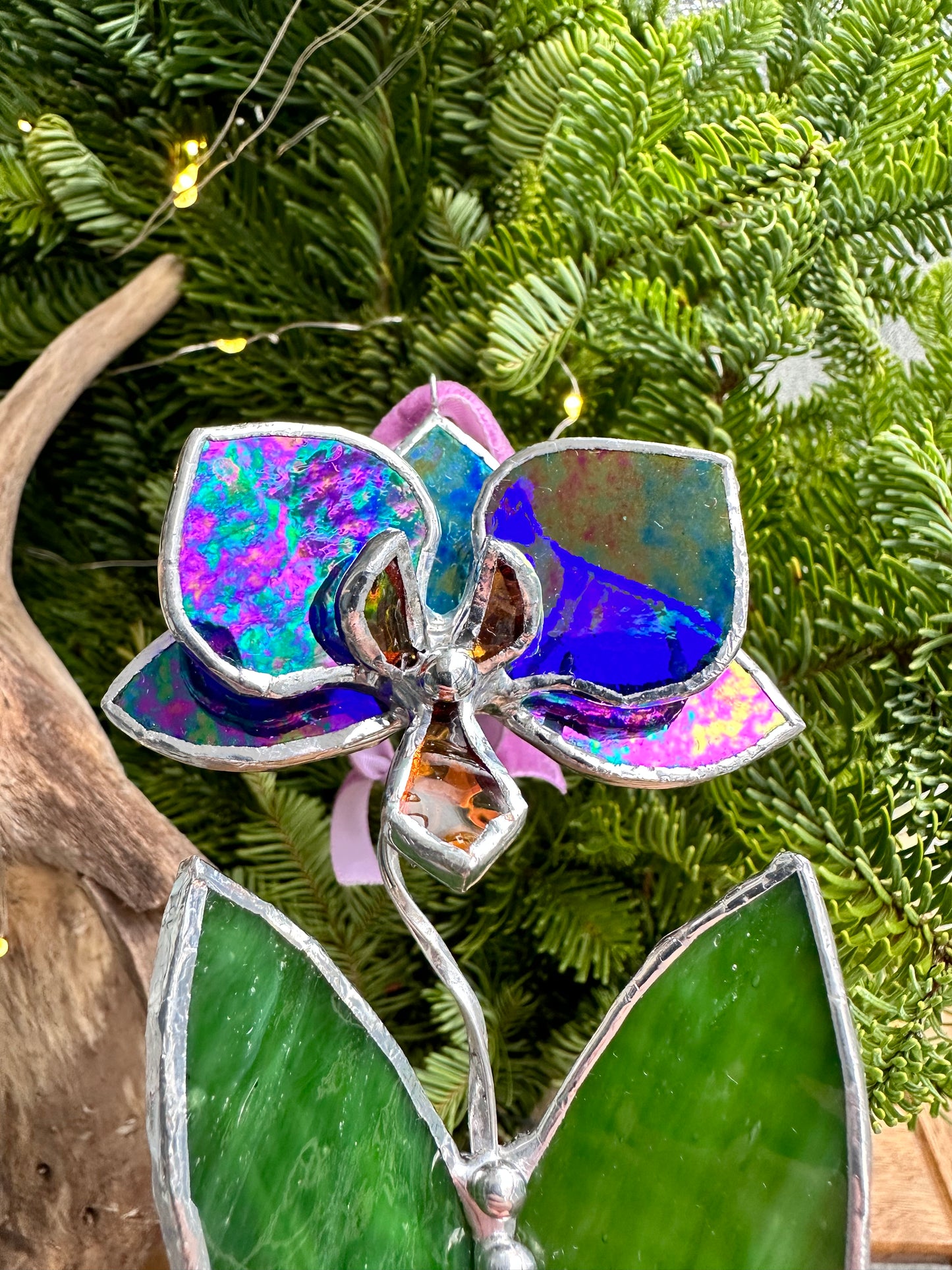 Christmas tree ornament Orchid Indigo Iridescent Set of 1, 3, 5. Stained glass Wall window decor, holiday decorations, lights