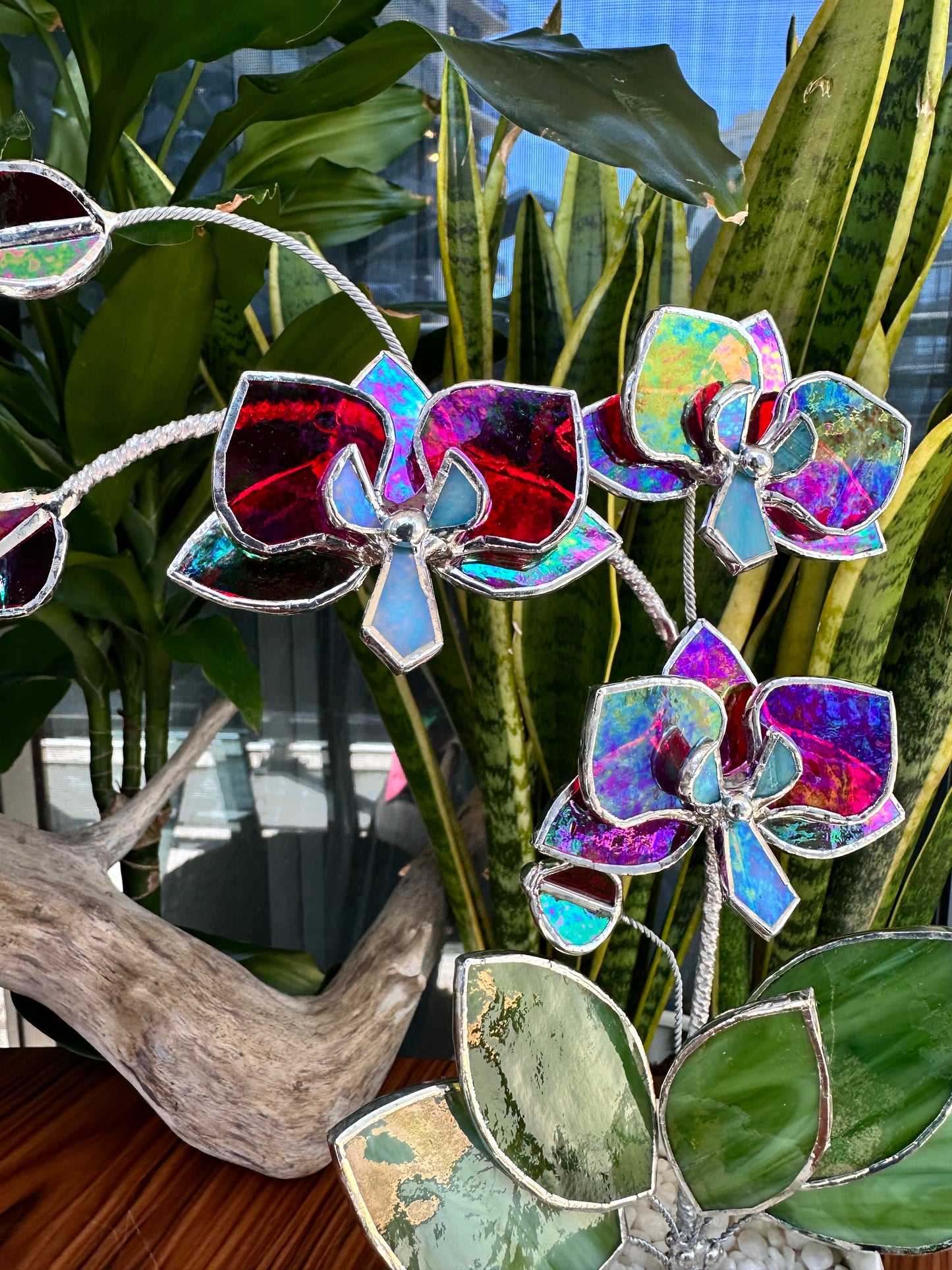 ". Red luminescent Orchid 3 flowers with pot” Stained glass tropical flower 3D, Sun catcher, Table plant, Garden stick, Outdoor and gardening decor,