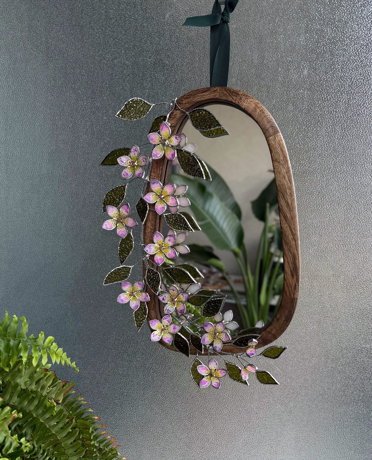 .Tropical Flower Hand Painted Stained glass Flower Mirror, 3D Botanical Floral Wall Art ready new