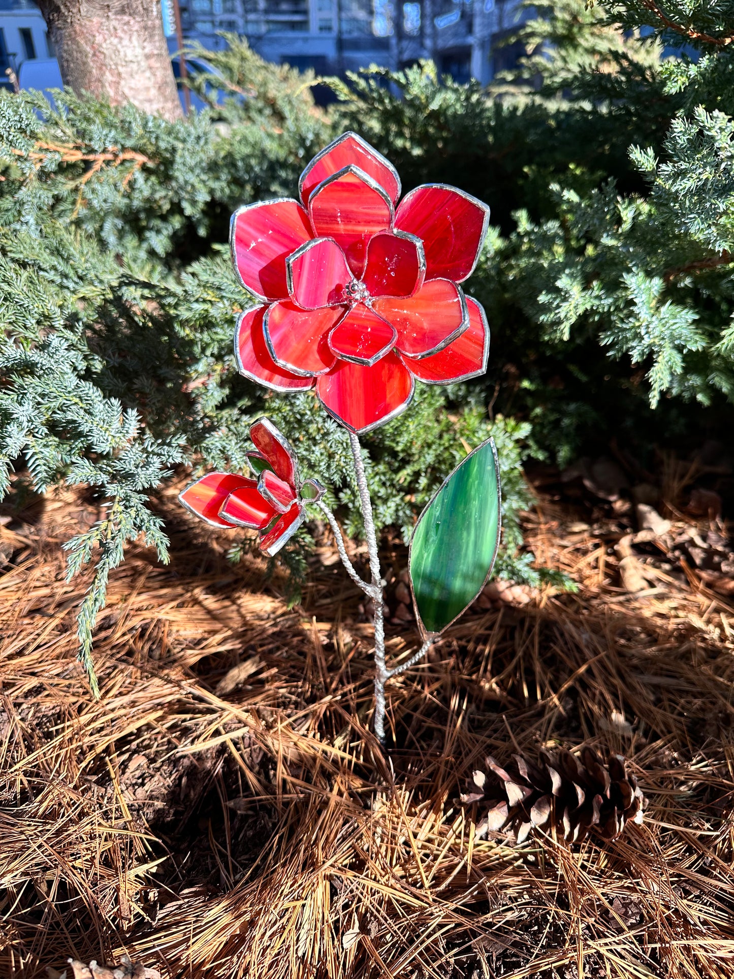 ".Magnolia Bright Red & Amber with bud" Stained glass tropical flower Suncatcher Iridescent 3D, Table plant cactus decor, Home Garden stake, Mother’s Day gift, Outdoor and gardening, pot