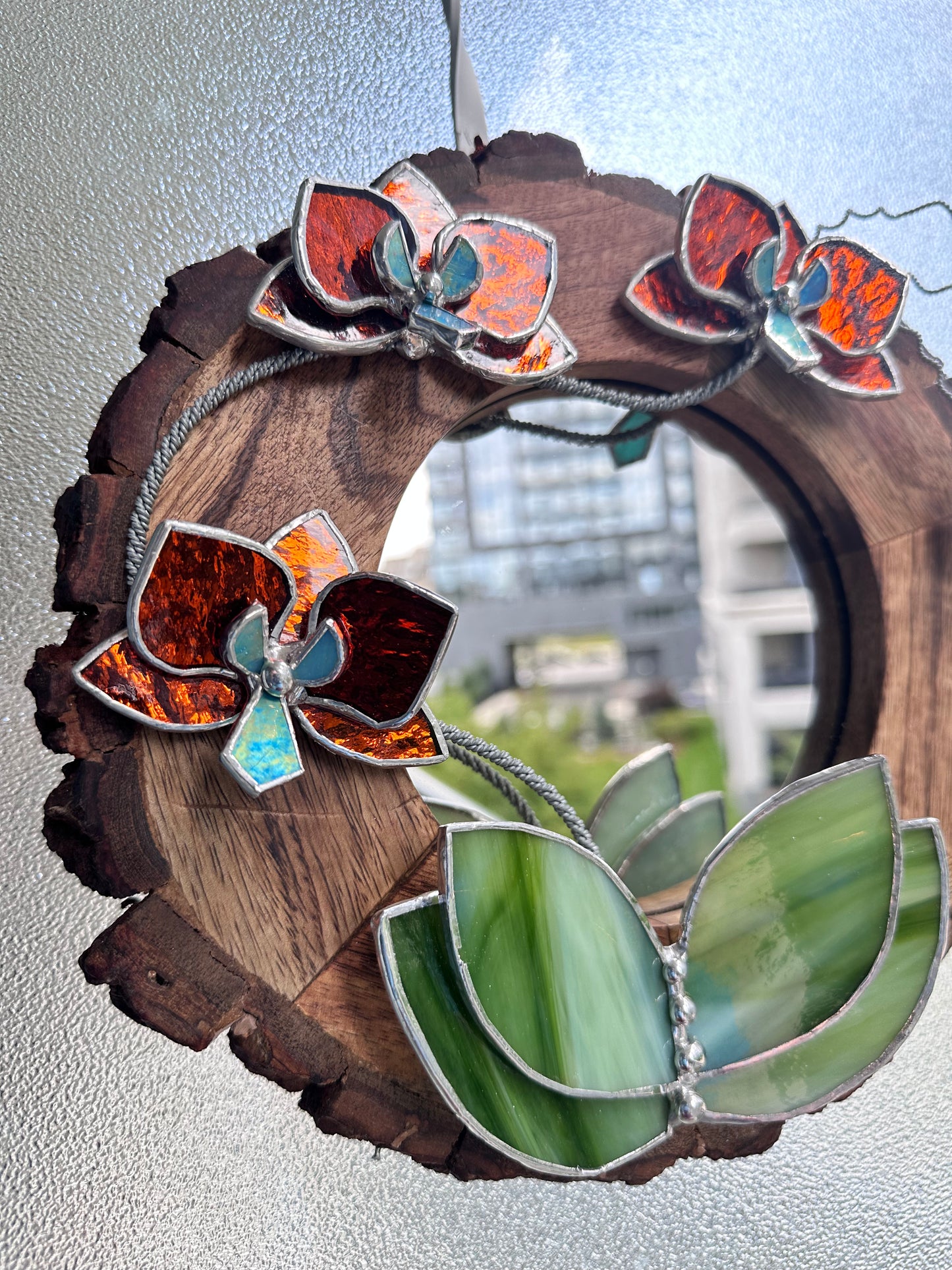 ". Amber Silvercoat Orchid Mirror" Stained glass flower Wall decor.  Sun catcher Wooden frame Home wedding Decor Art. Christmas gift