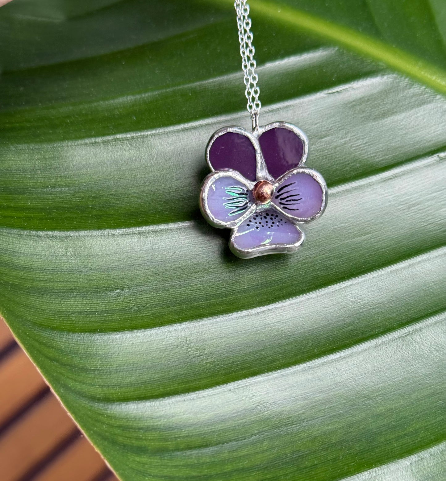 Pansy Purple & lavender Irid Stained Glass Necklace Handmade Botanical Jewelry new